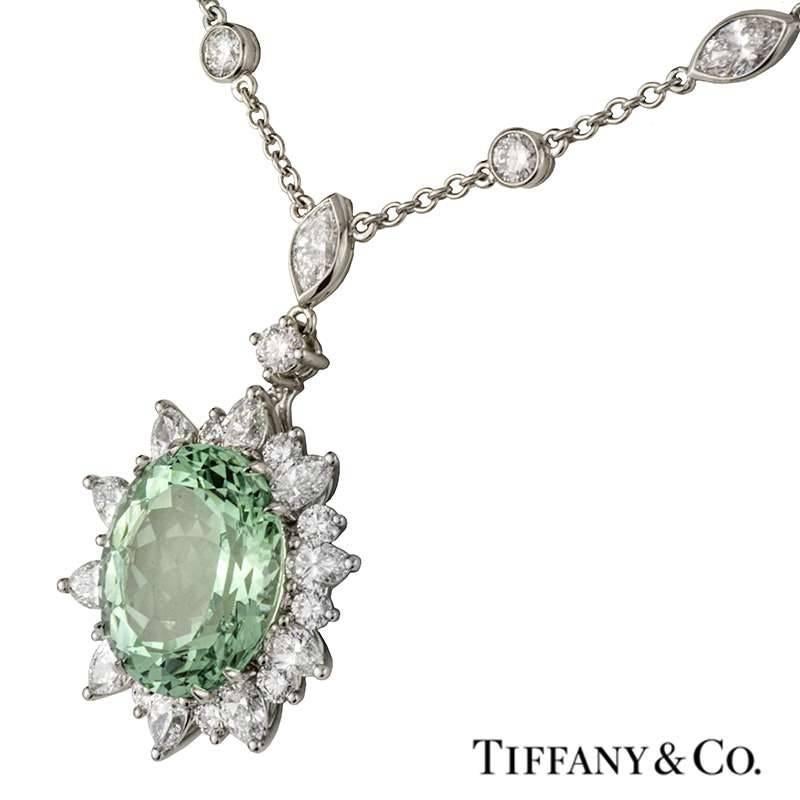 Tiffany & Co. Green Tourmaline Diamond Platinum Pendant 1