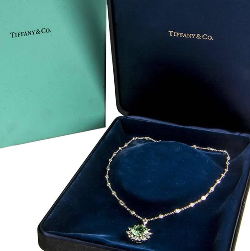 Tiffany & Co. Green Tourmaline Diamond Platinum Pendant In Excellent Condition In London, GB