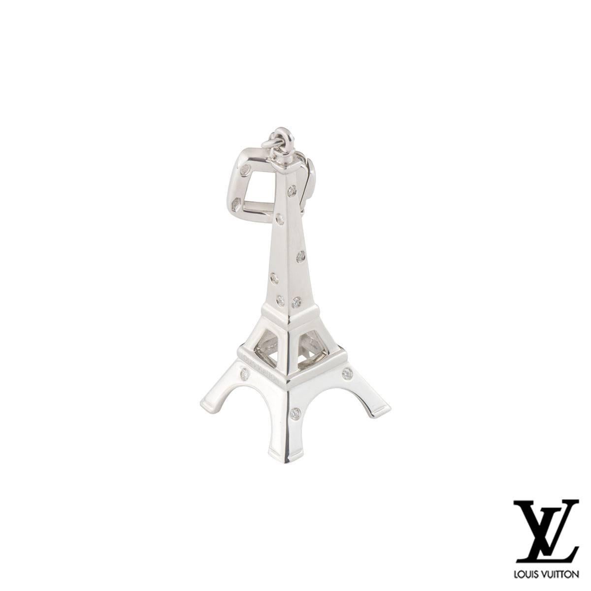 An iconic 18k white gold Louis Vuitton charm. The charm comprises of the Eiffel Tower with 19 round brilliant cut diamonds placed randomly in a rubover setting. The diamonds have a total weight of approximately 0.25ct, G colour and VS clarity. The