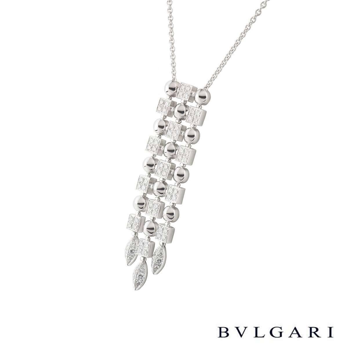 A stunning diamond necklace from the Lucea collection by Bvlgari. The necklace is composed of 13 square links each set with 4 round brilliant cut diamonds, interlinking between each diamond set square is an 18k white gold spherical link. The links
