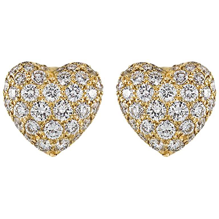 Cartier Yellow Gold Diamond Heart Earrings 1.50 Carat