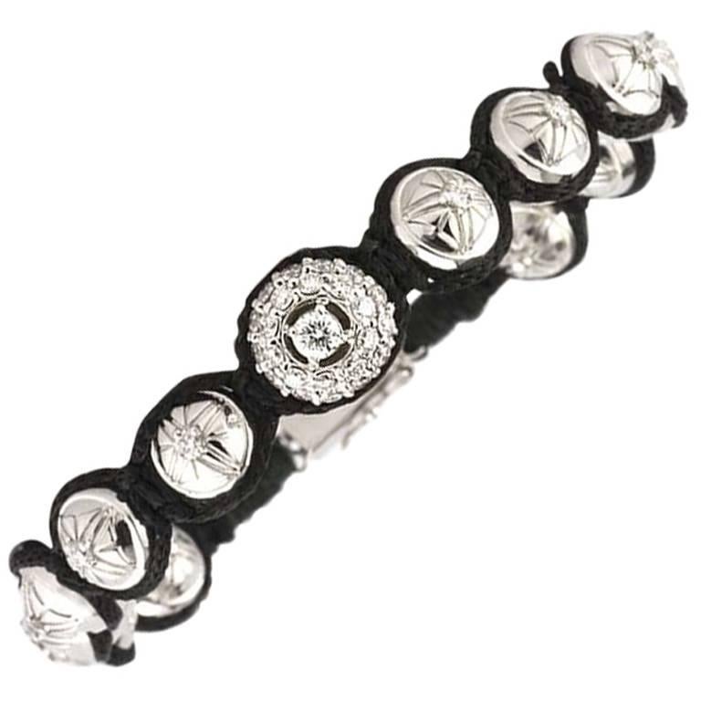 Diamond and White Gold Ball Bracelet in Silk Cord 1.35 Carat