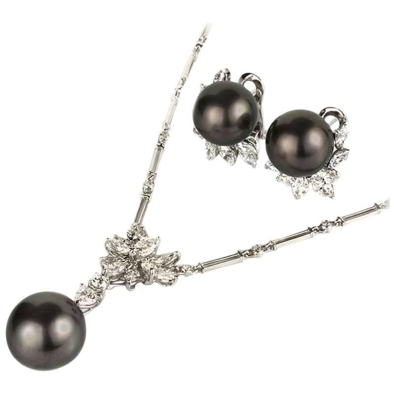 Pearl and Diamond Earrings and Pendant Suite