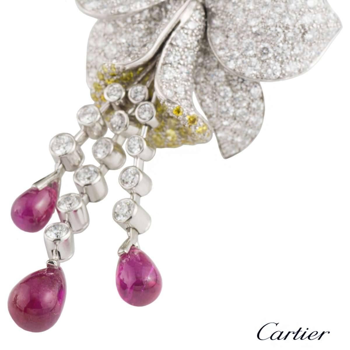 Cartier Caresse d'Orchidees Ruby Diamond Platinum Earrings In Excellent Condition In London, GB