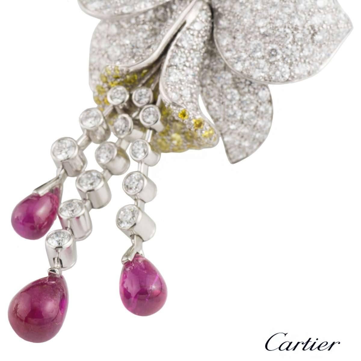 Cartier Caresse d'Orchidees Ruby Diamond Platinum Earrings In Excellent Condition In Mayfair, London, London