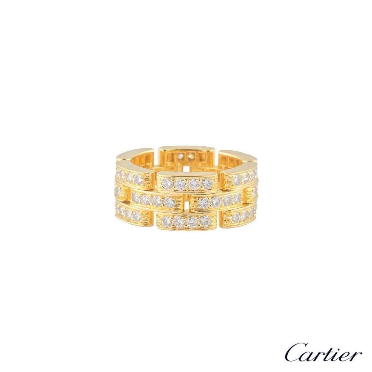 A stunning 18k yellow diamond Maillion Panthere ring from the Links and Chains collection by Cartier. The ring comprises of 18 open brick work design panels with each panel pave set with 5 round brilliant cut diamonds totalling 1.53ct, G colour and