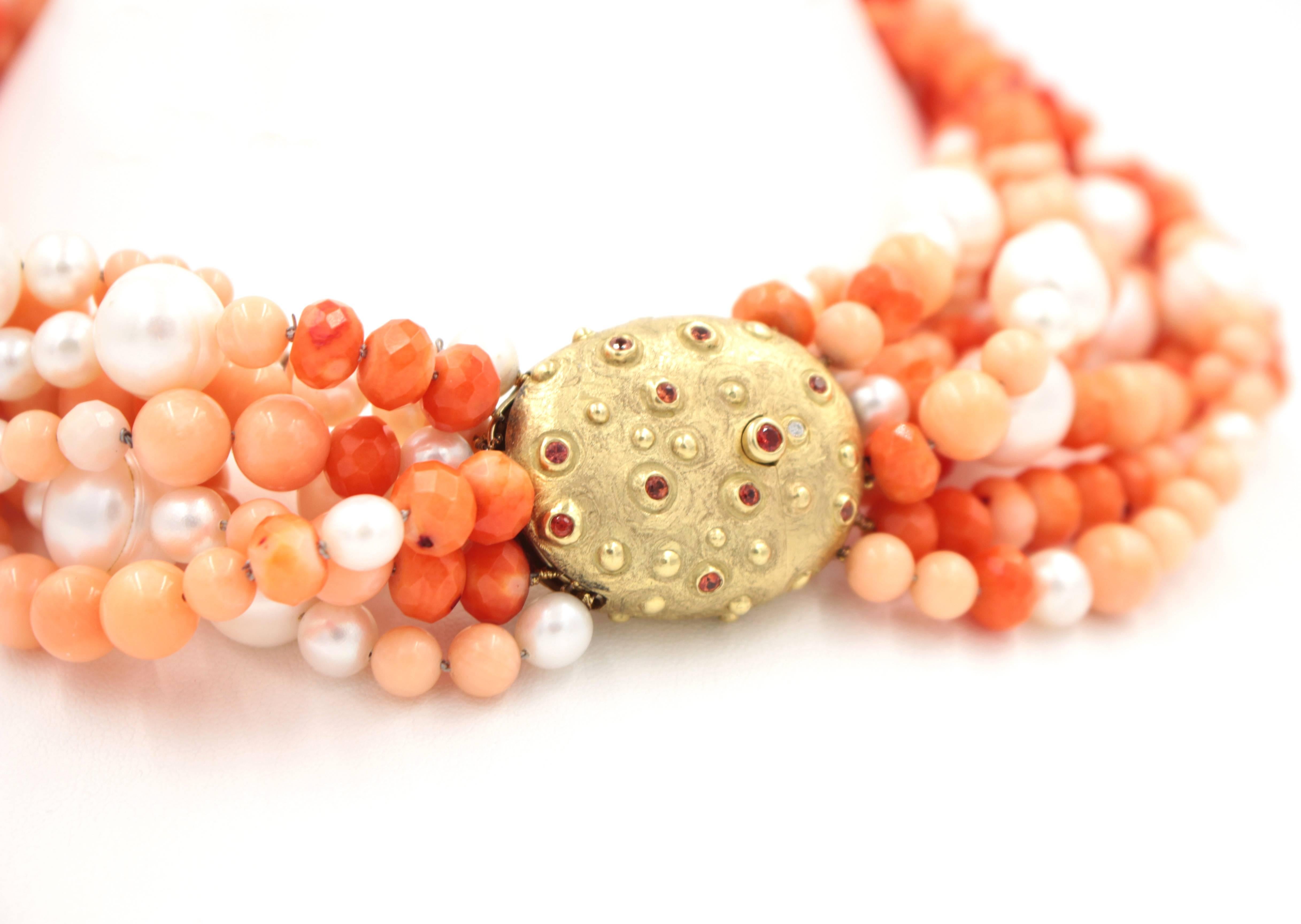 Contemporary Pearl Sapphire Coral Gold Necklace