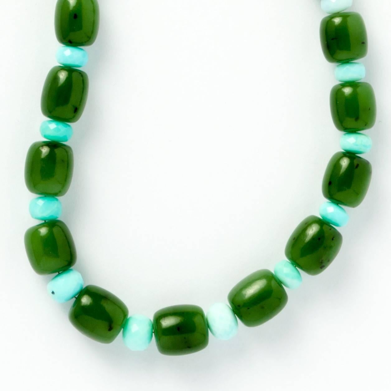 This exceptional Siberian Jade & Peruvian Opal necklace features a handmade 18 karat gold & 