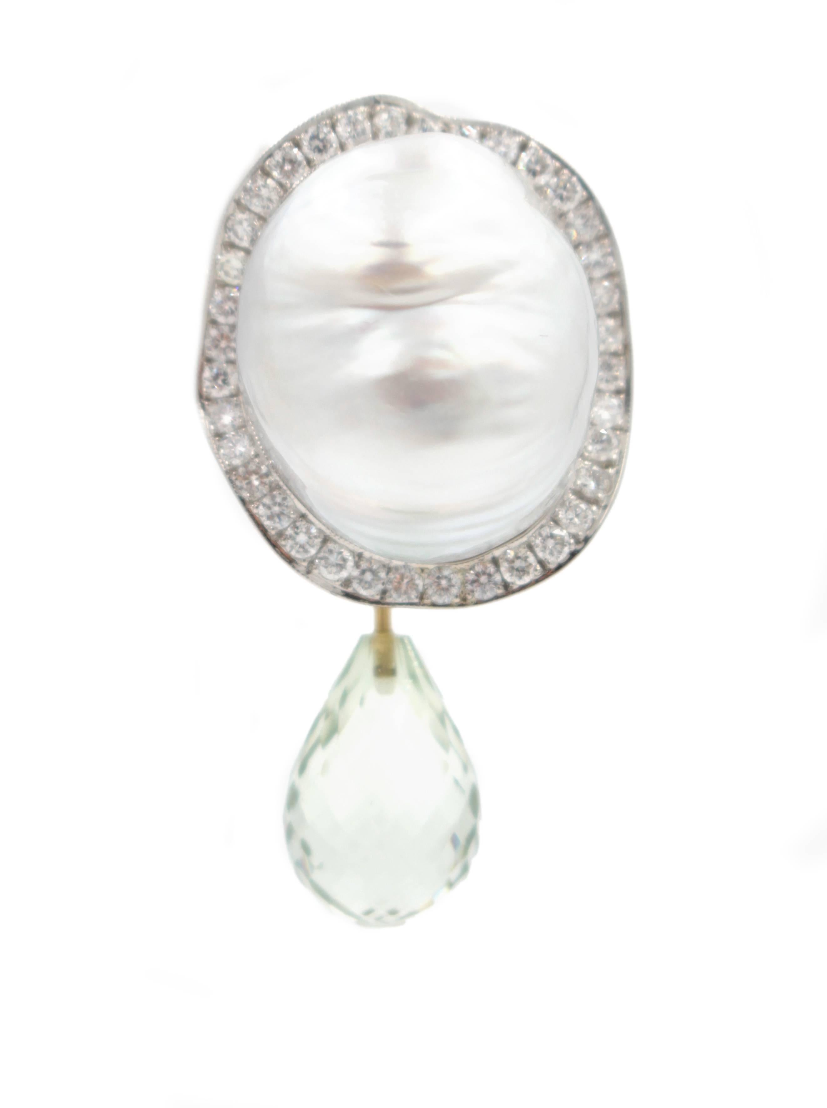 Contemporary South Sea Baroque Pearl Diamond Gold Earrings For Sale