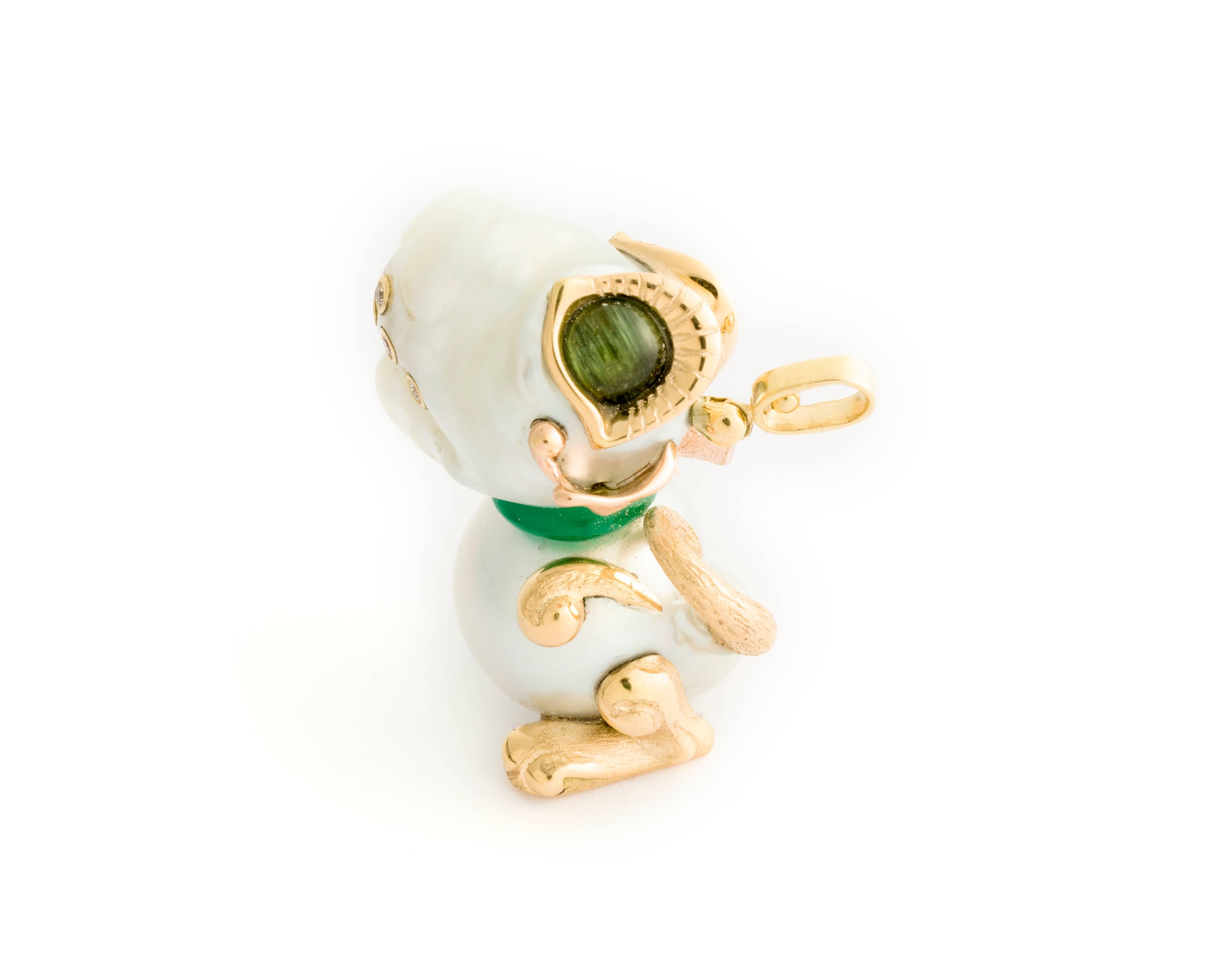 Contemporary Pearl Tourmaline Jade Diamond Gold Puppy Pendant