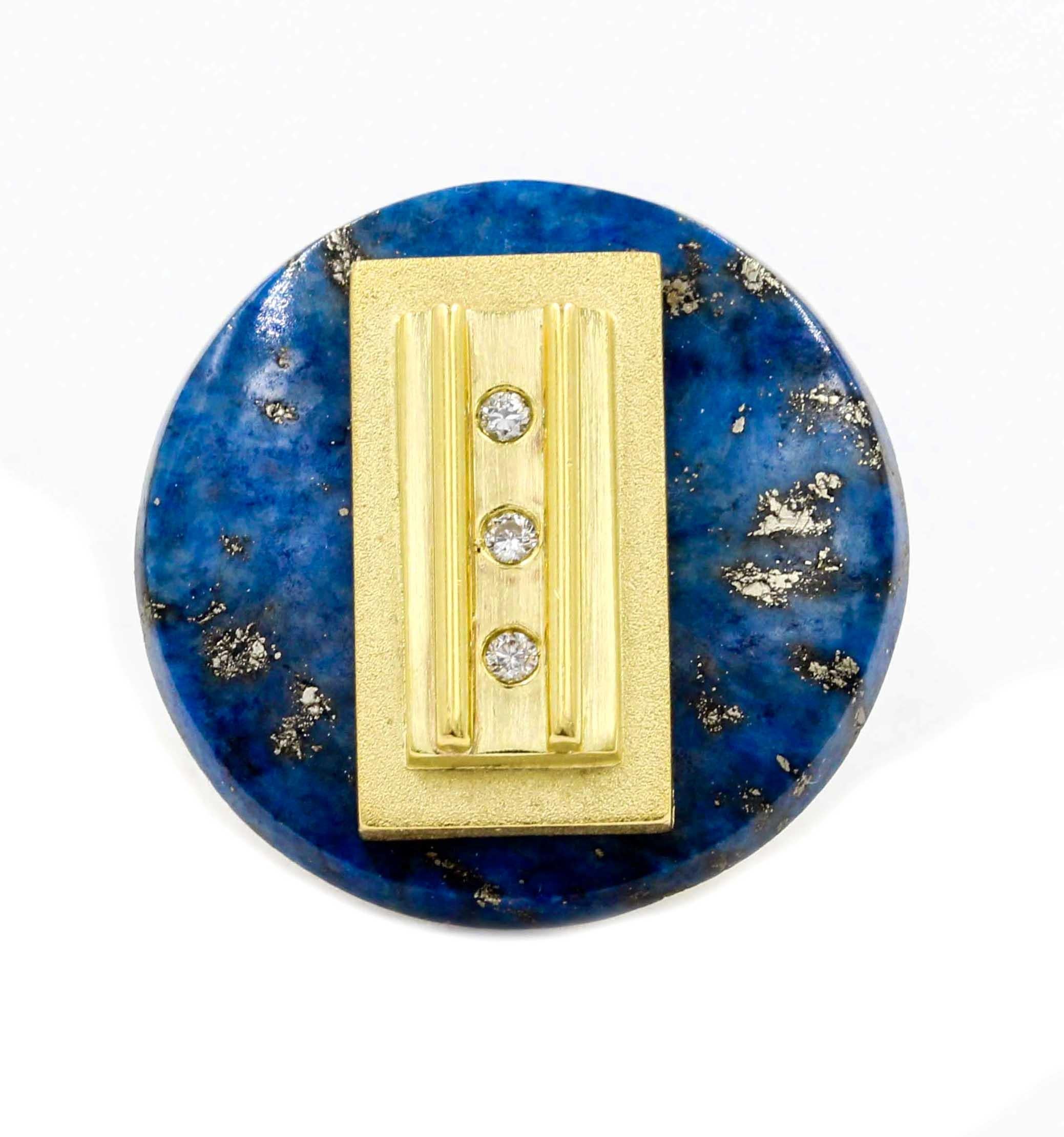 Contemporary Janis Kerman, 18 Karat Gold, Diamond and Lapis Lazuli Disk Earrings For Sale