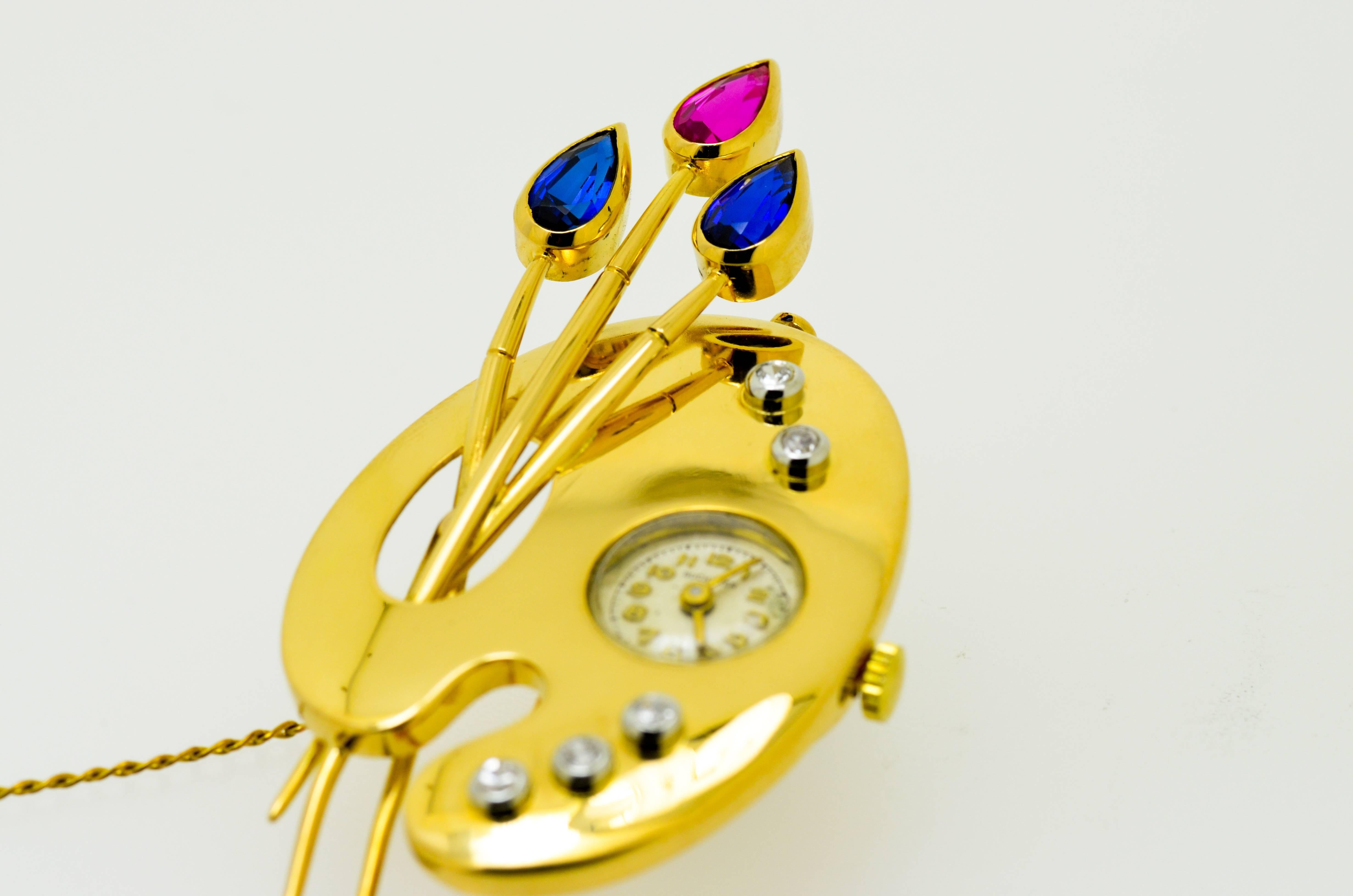 Women's or Men's Diamond Sapphire and Ruby Gold Bucherer Clock Brooch For Sale