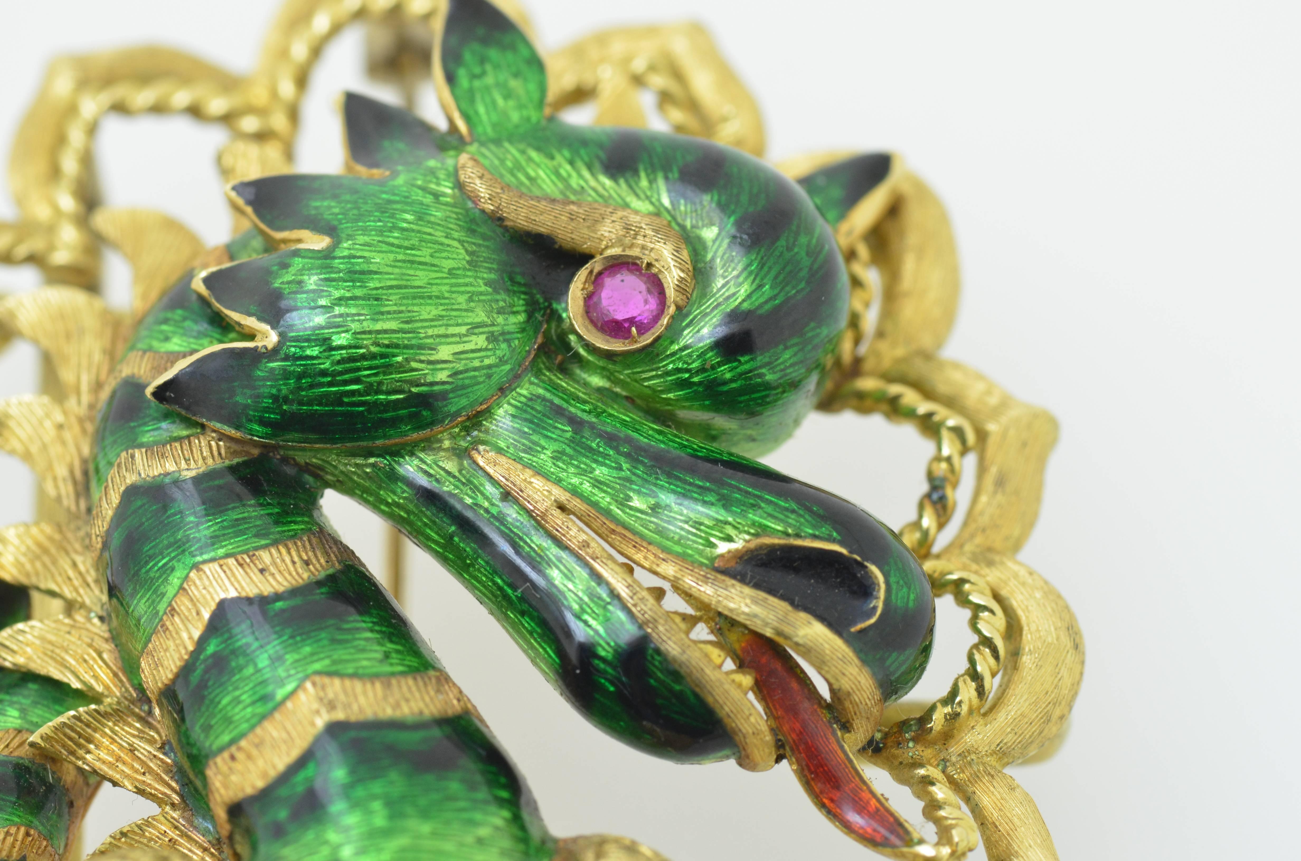 Enamel & Ruby Gold Dragon Brooch For Sale 1