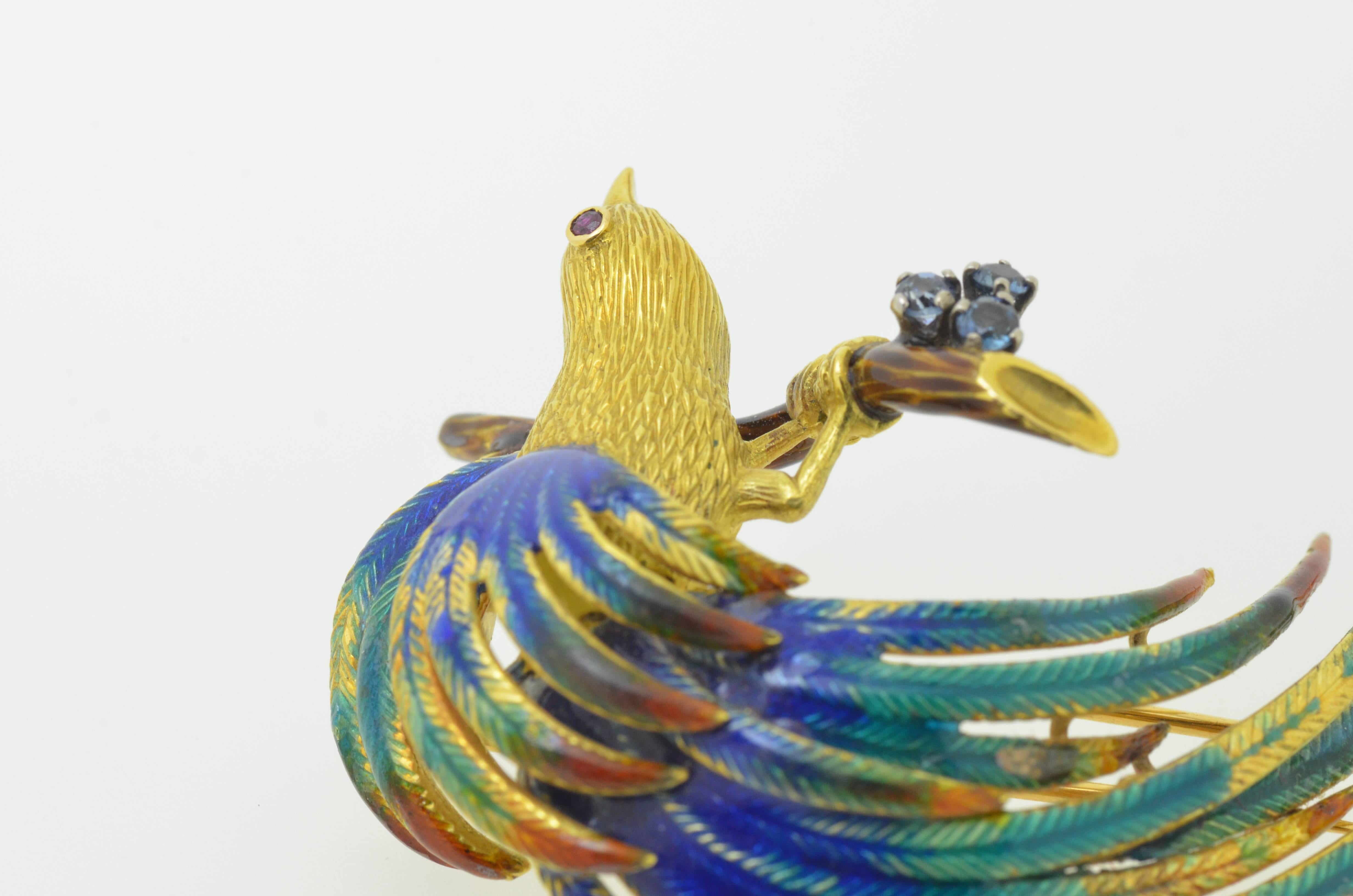 Enamel Ruby & Sapphire Gold Bird Brooch In Good Condition For Sale In Fuengirola, Malaga