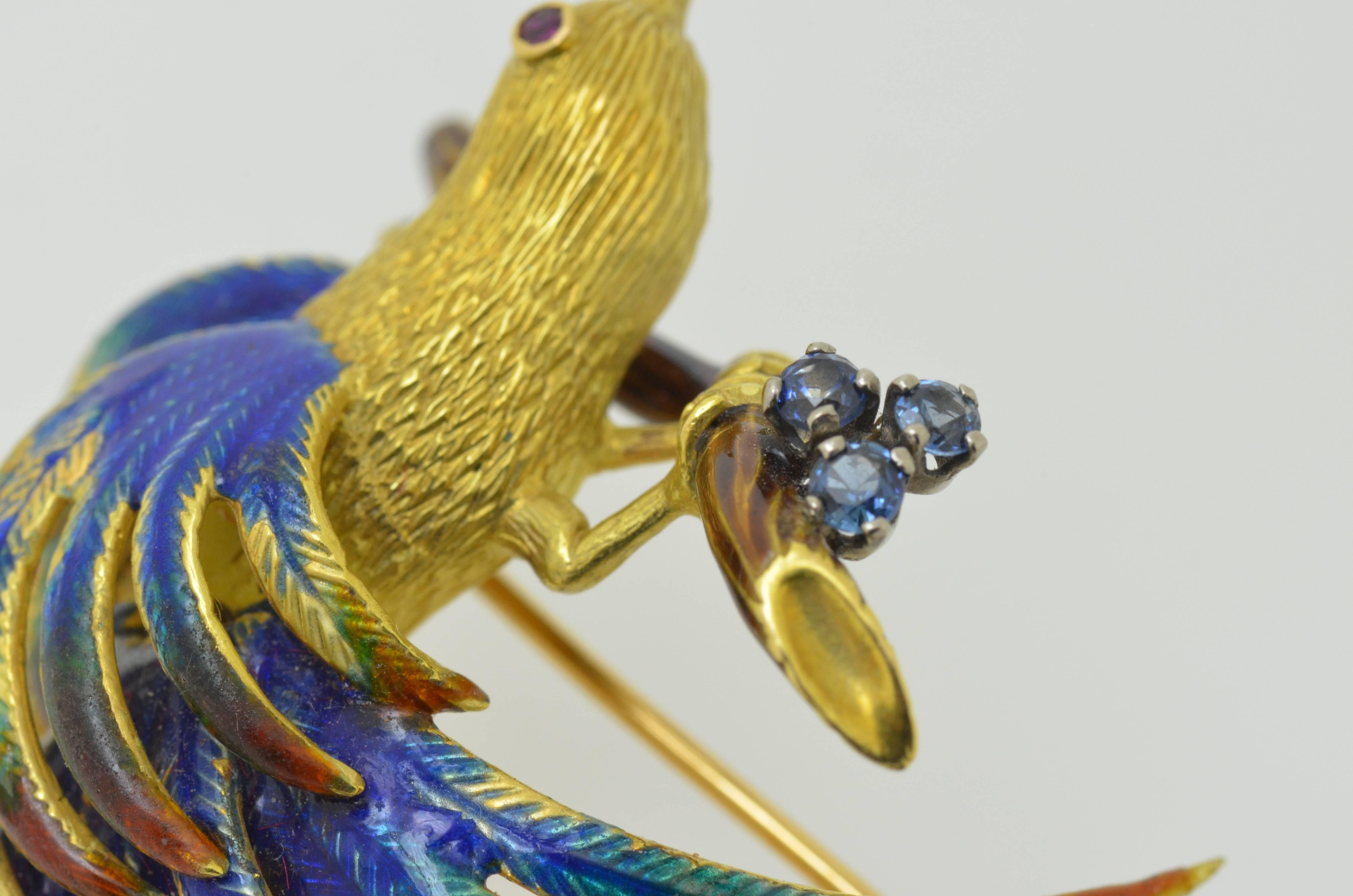 Women's or Men's Enamel Ruby & Sapphire Gold Bird Brooch For Sale