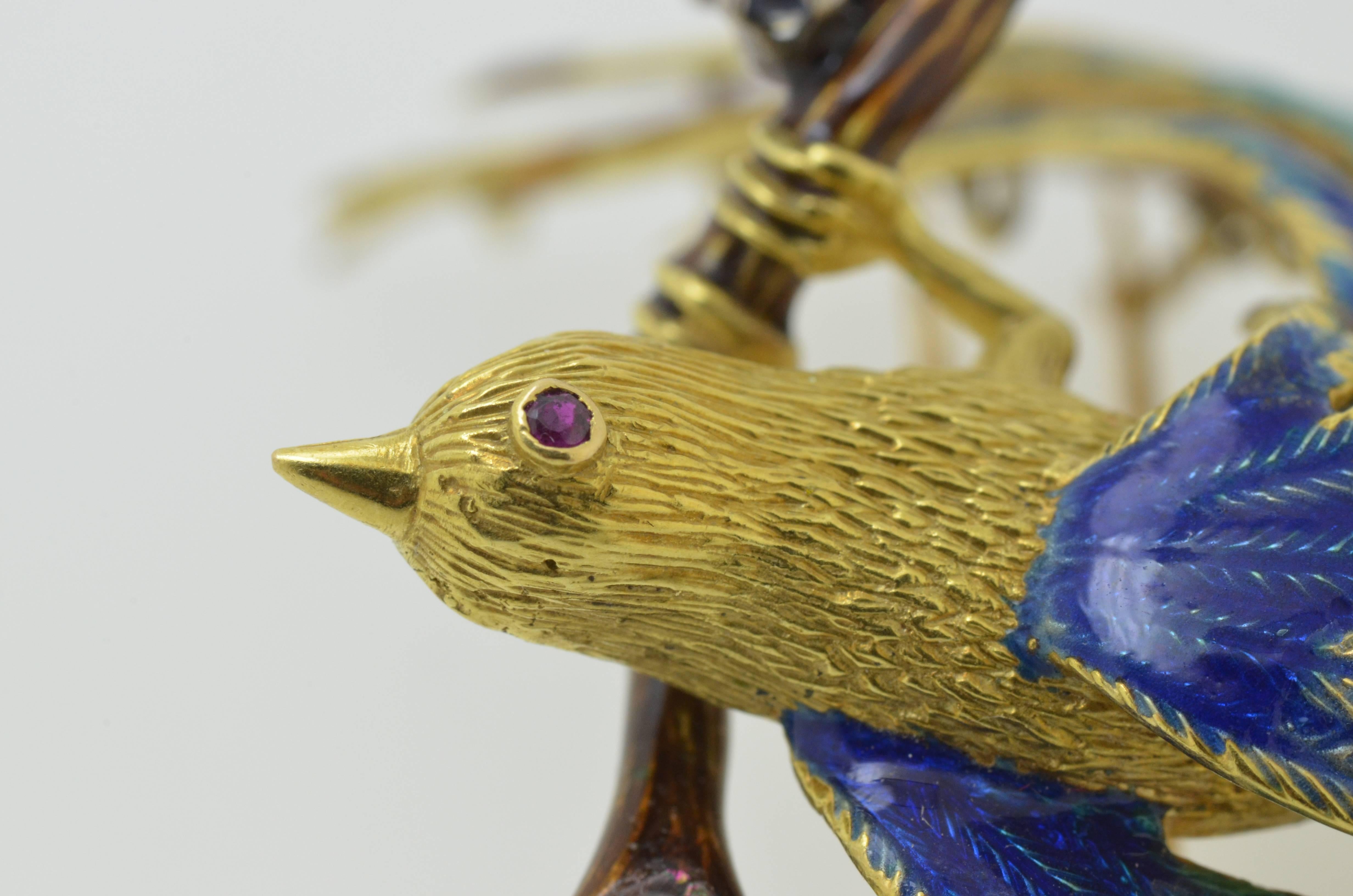 Enamel Ruby & Sapphire Gold Bird Brooch For Sale 1