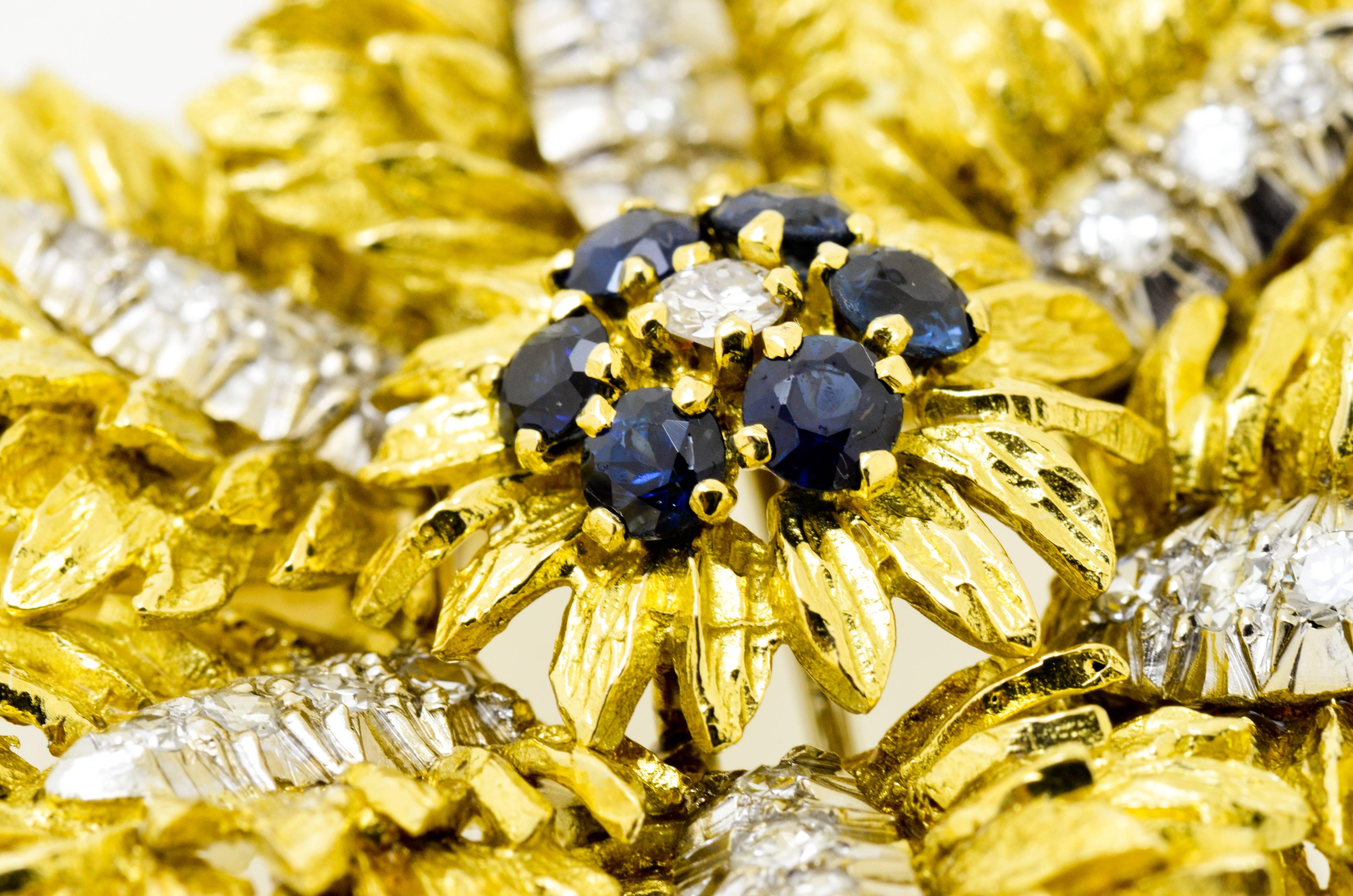 Women's Large Diamond & Sapphire Gold Brooch For Sale