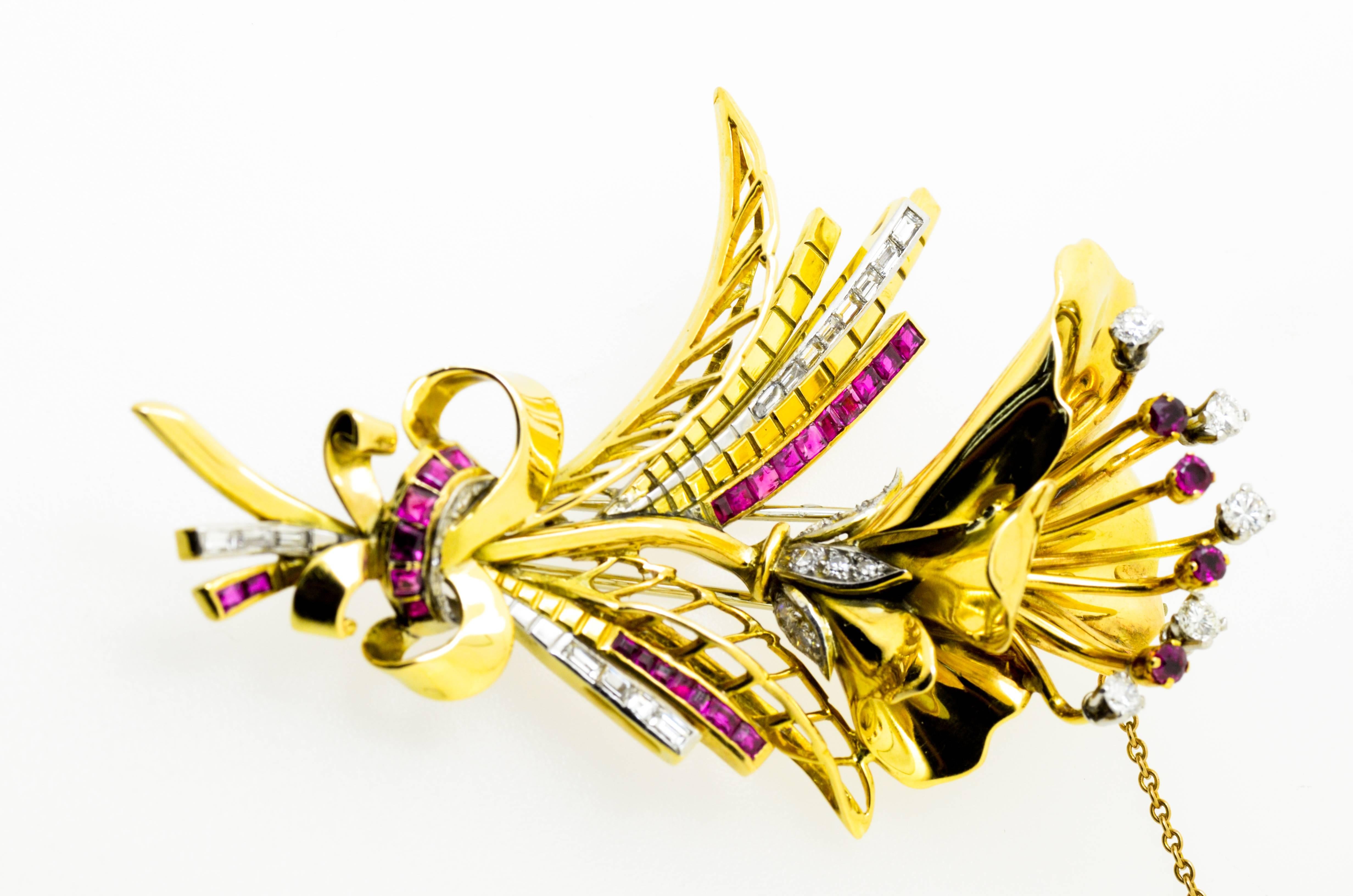 Ruby & Diamond Gold Floral Brooch For Sale 1