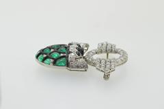 Emerald Diamond Enamel Gold & Platinum Brooch