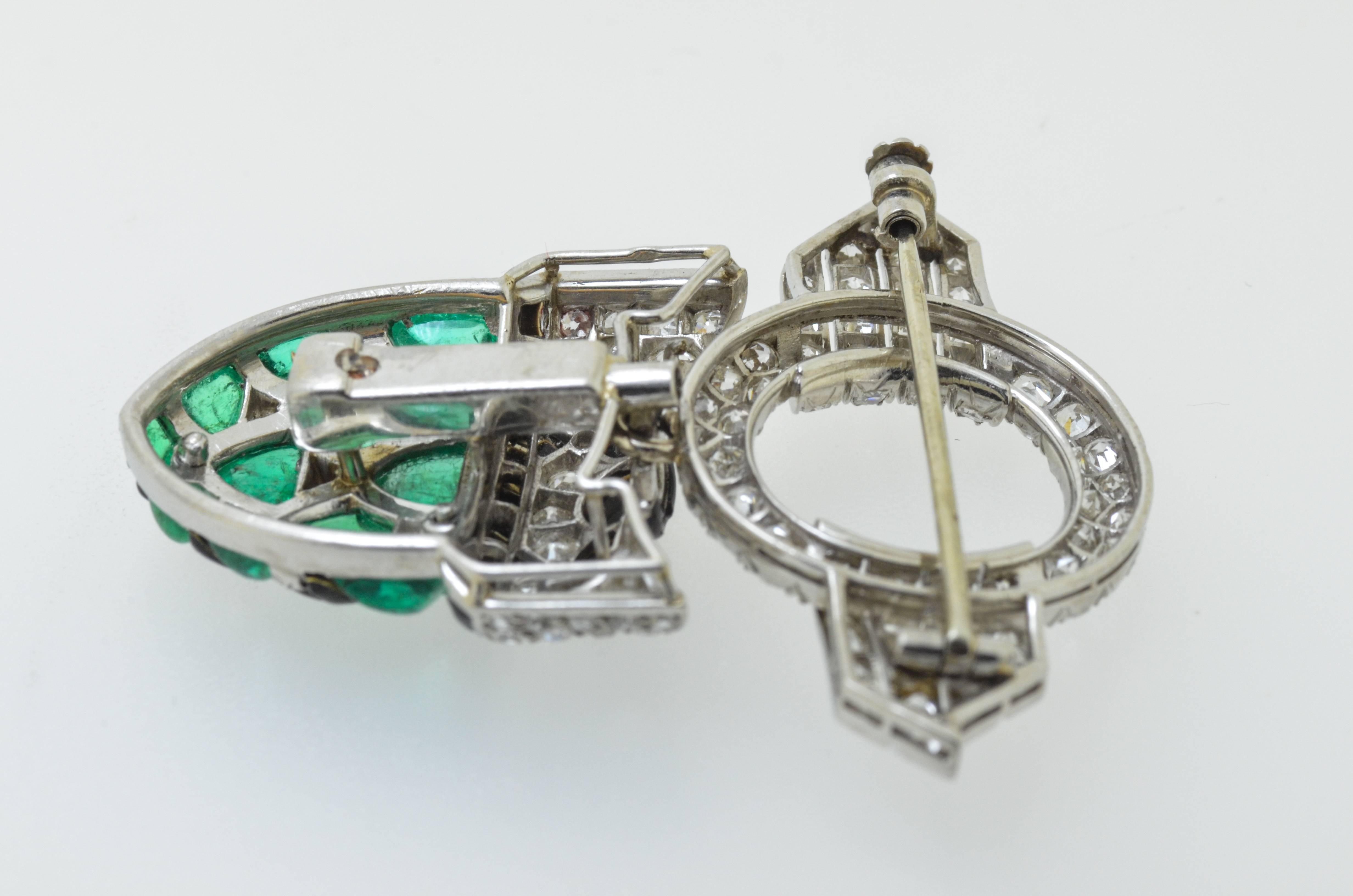 Art Deco Emerald Diamond Enamel Gold & Platinum Brooch For Sale