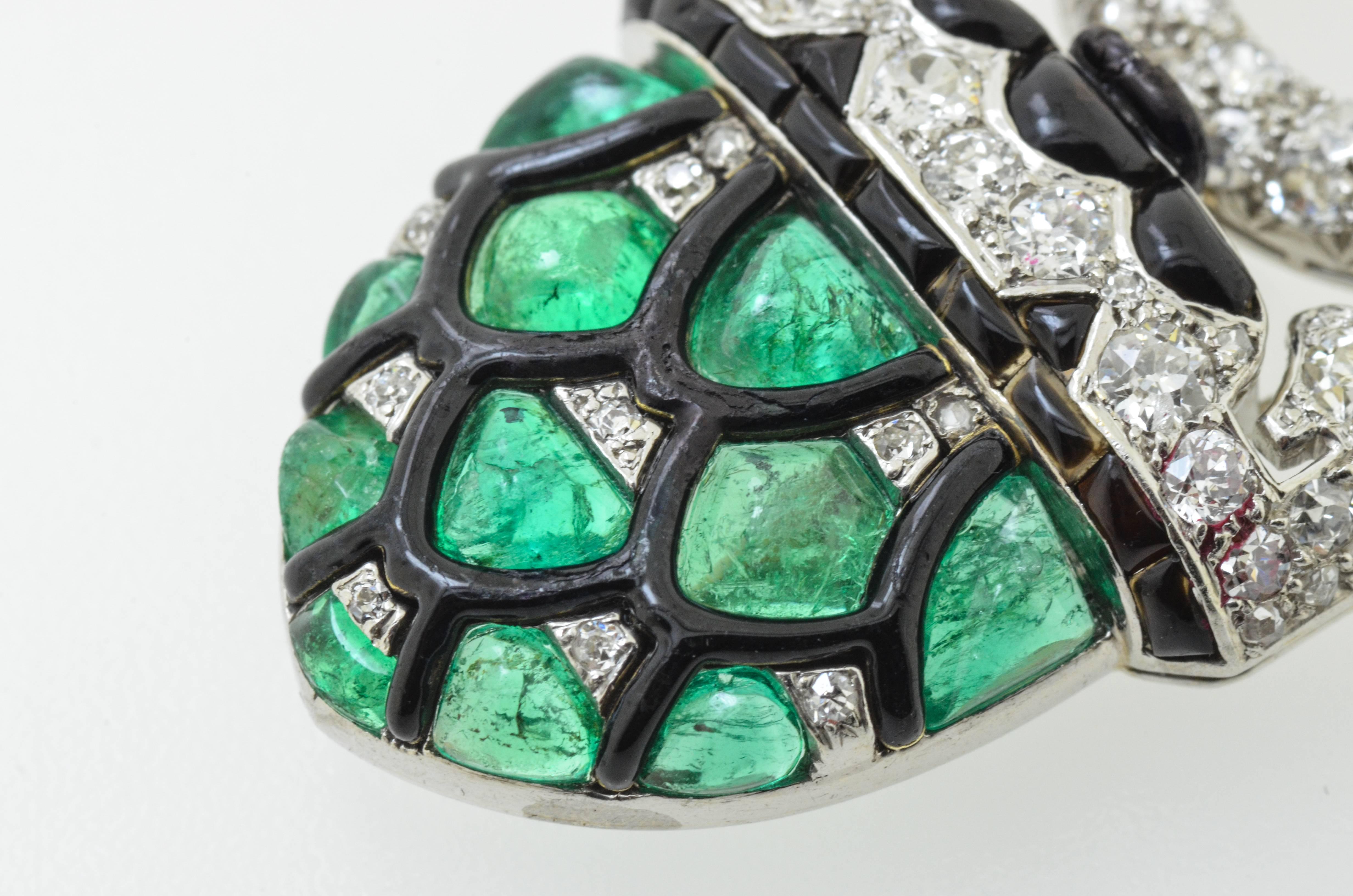 Women's Emerald Diamond Enamel Gold & Platinum Brooch For Sale