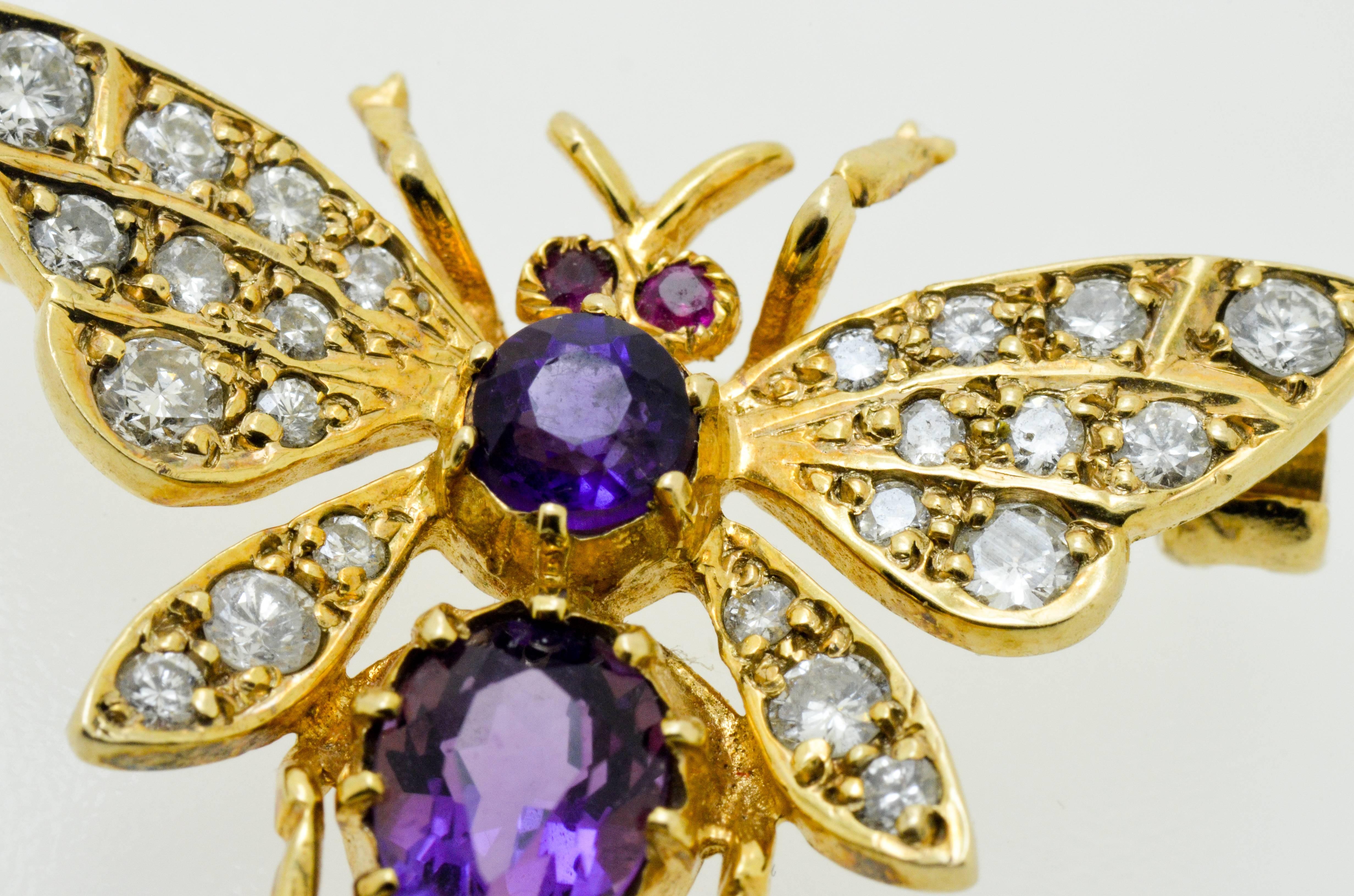 Women's or Men's Yellow Gold Diamond Ruby & Amethyst Insect Brooch For Sale
