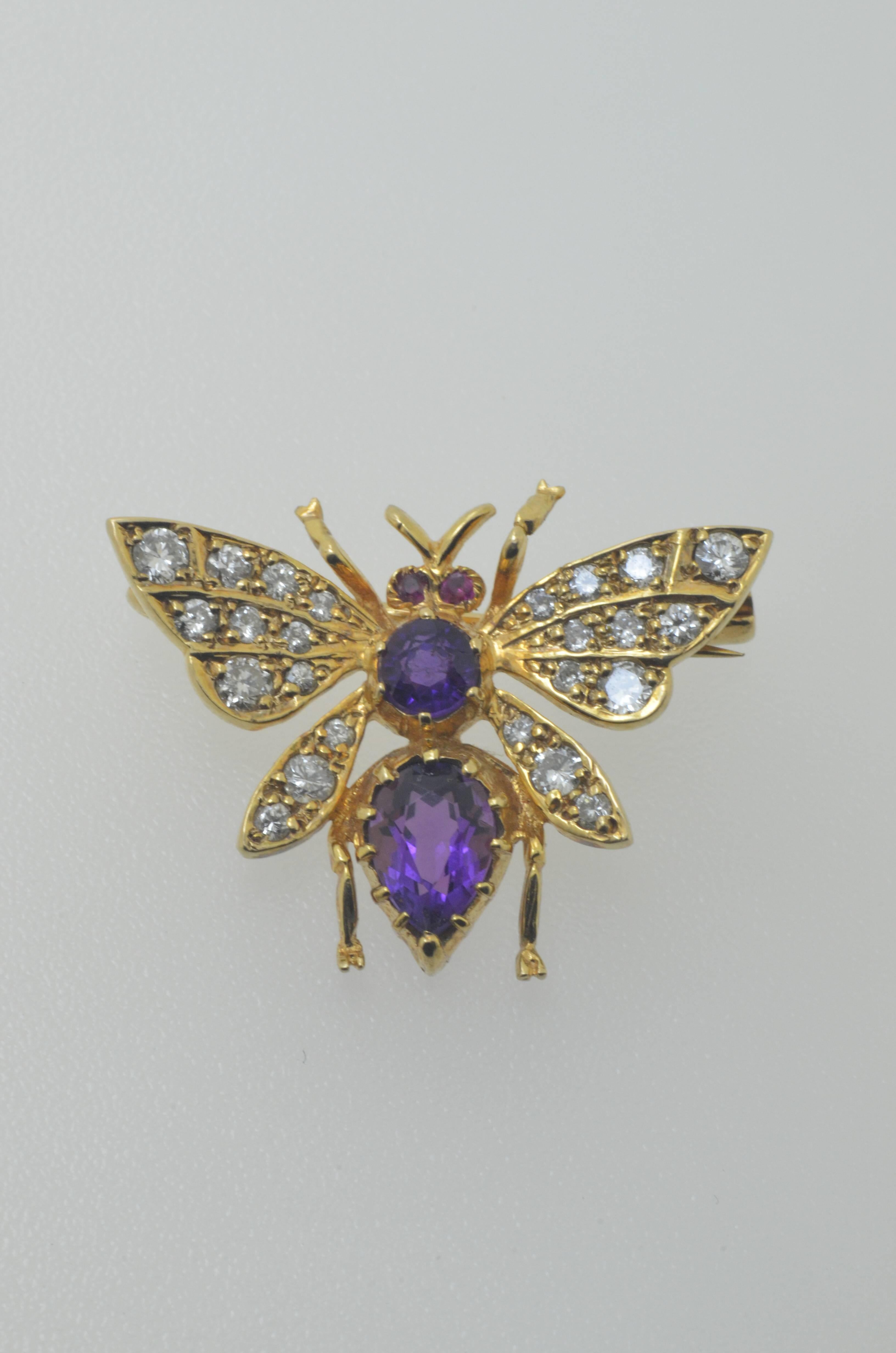 Yellow Gold Diamond Ruby & Amethyst Insect Brooch In Good Condition For Sale In Fuengirola, Malaga