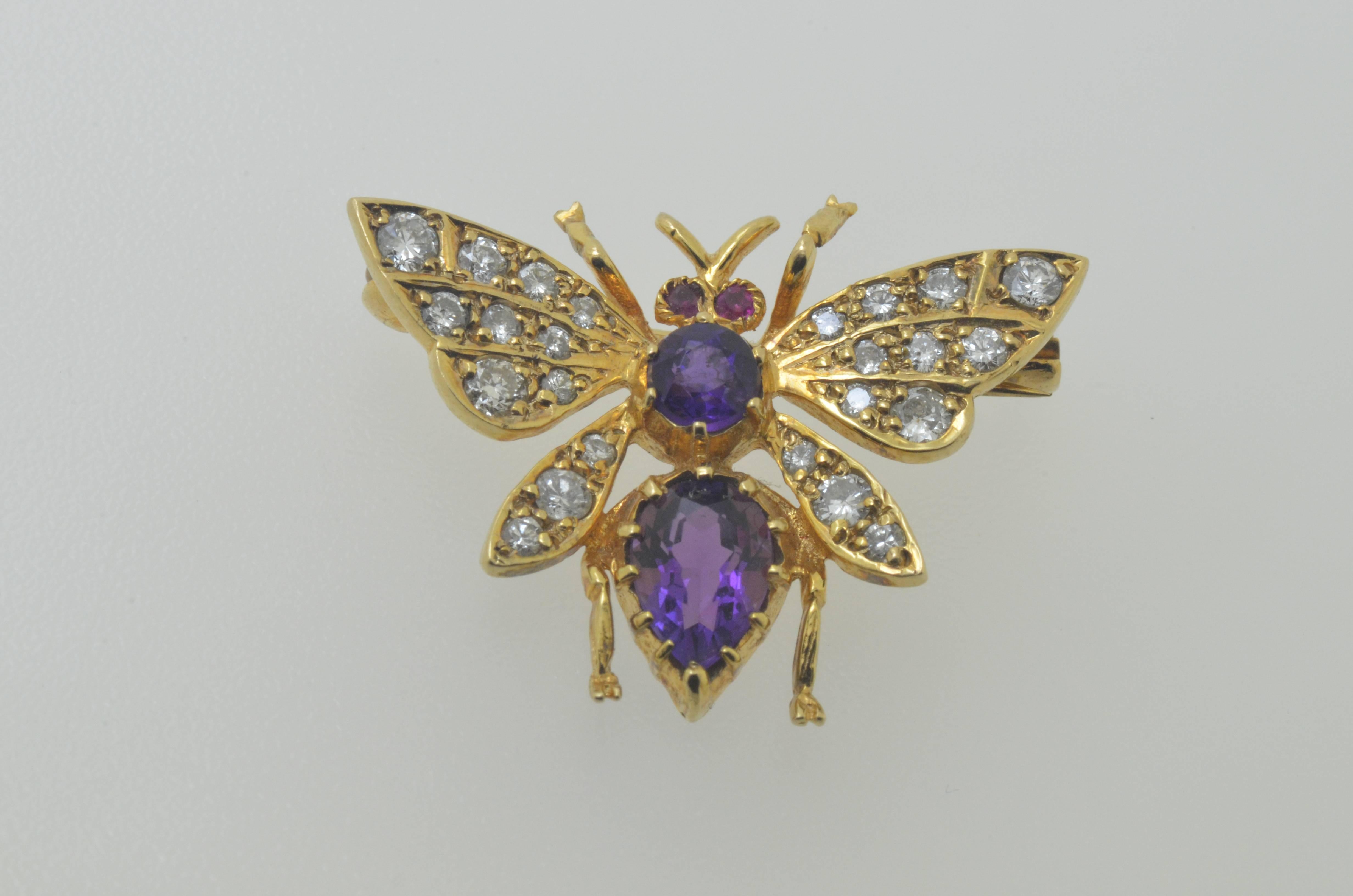 Yellow Gold Diamond Ruby & Amethyst Insect Brooch For Sale 1