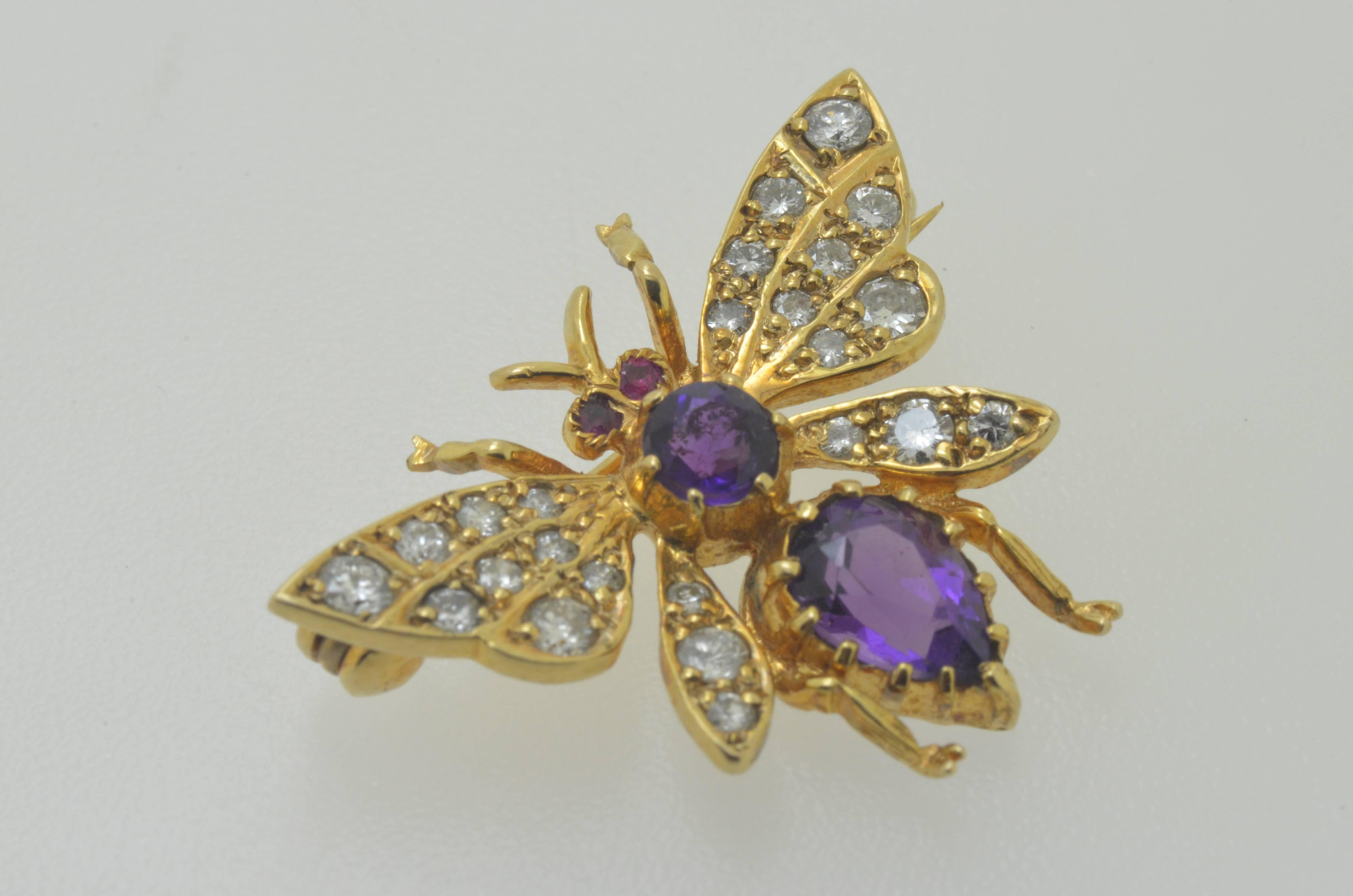Yellow Gold Diamond Ruby & Amethyst Insect Brooch For Sale 2