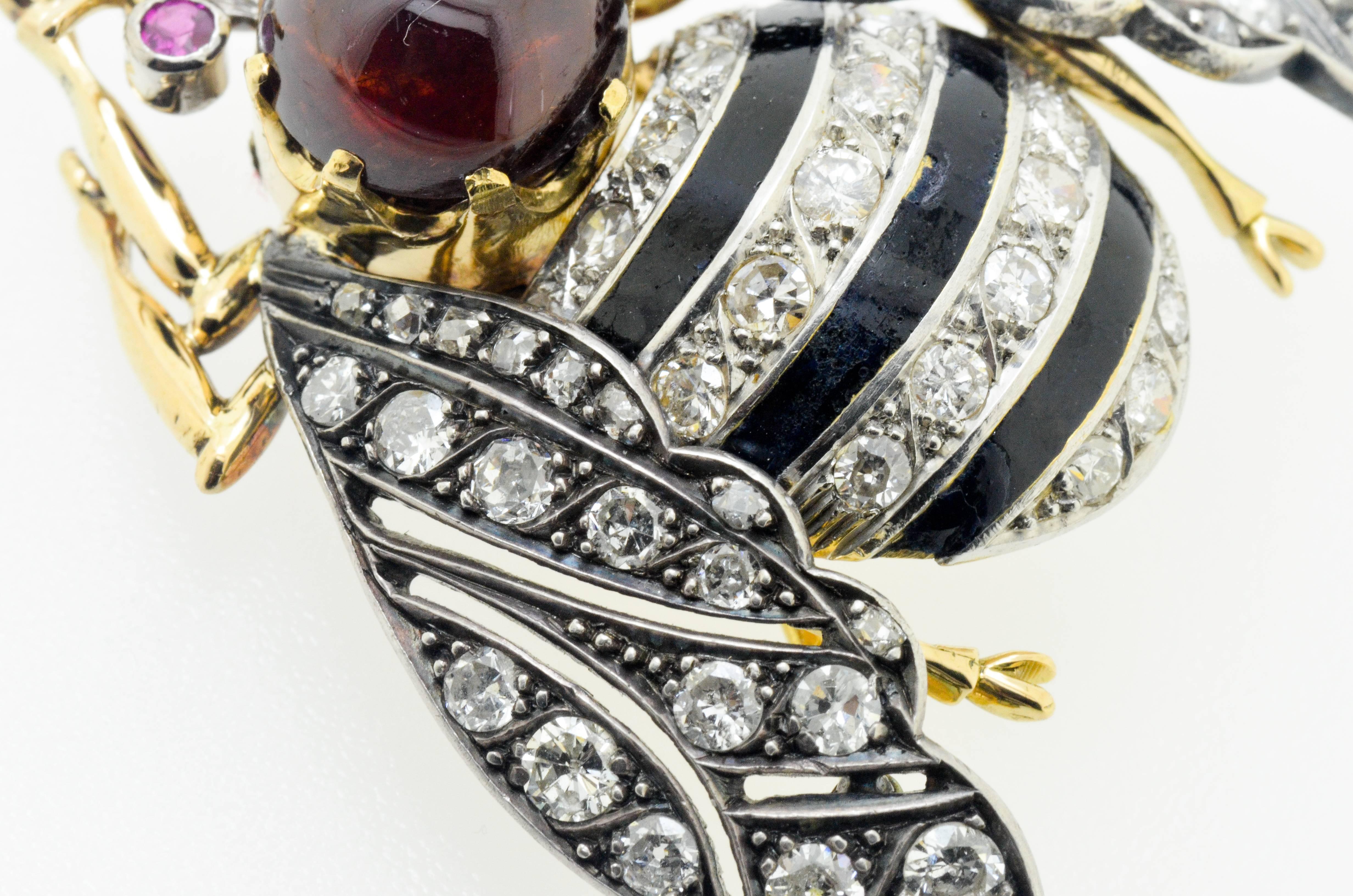Diamond Ruby & Black Enamel Gold Brooch  For Sale 3