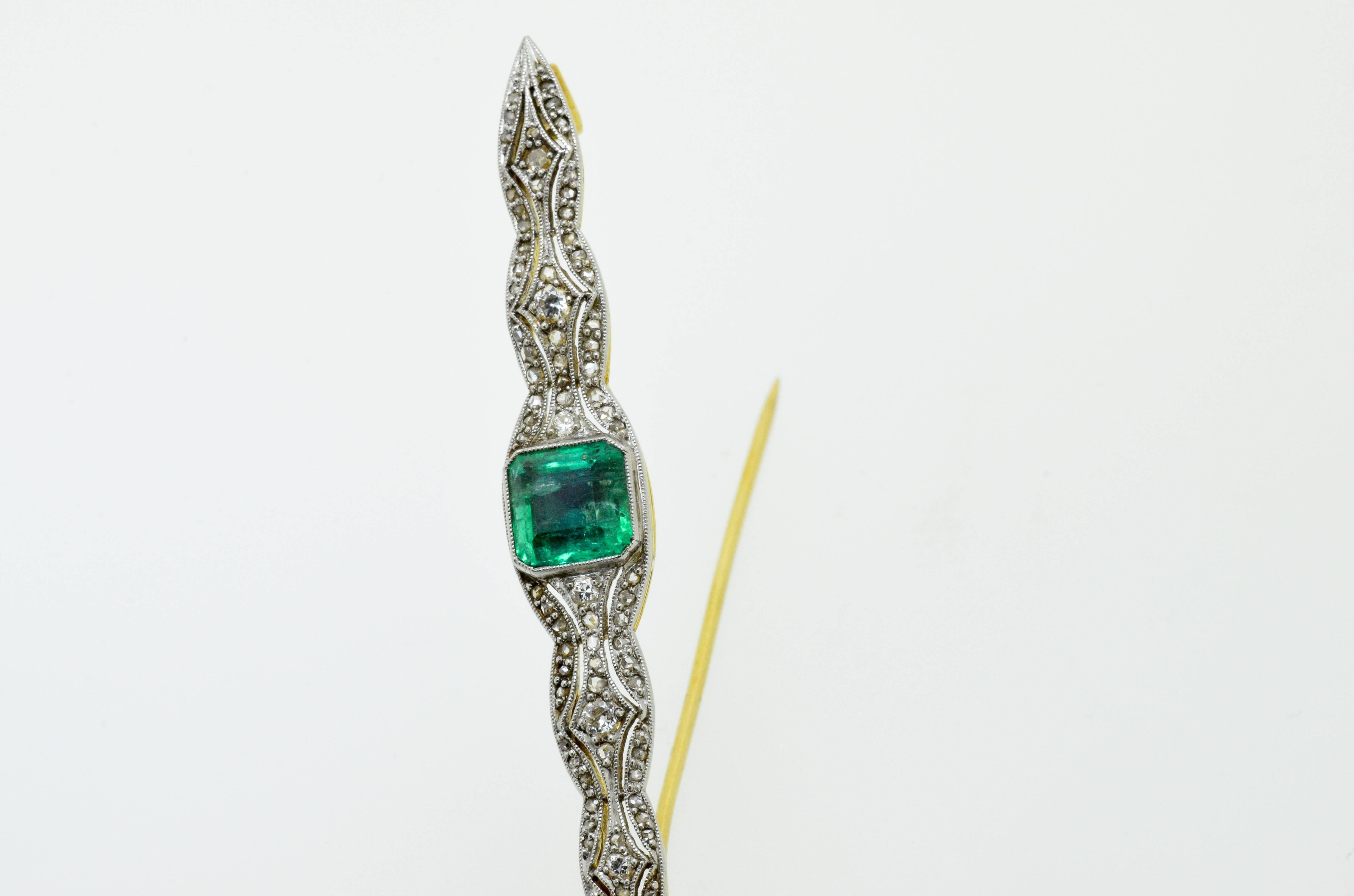Art Deco Emerald & Diamond Gold Brooch For Sale