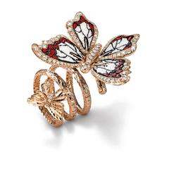 Stylish Butterfly Ring White Diamond Rose Gold Hand Decorated with Micromosaic