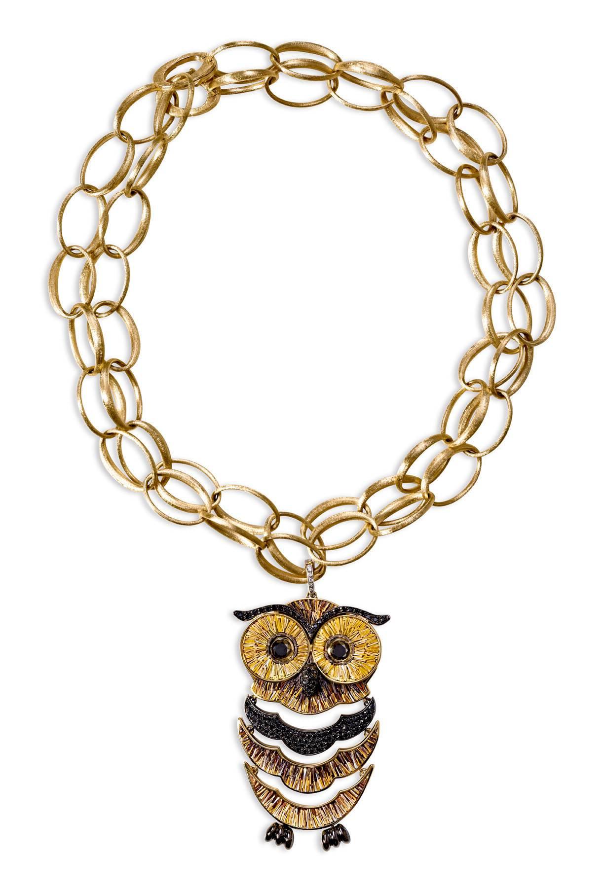 Contemporary Owl Pendant White & Black Diamonds Yellow Gold Hand Decorated with Micromosaic  For Sale