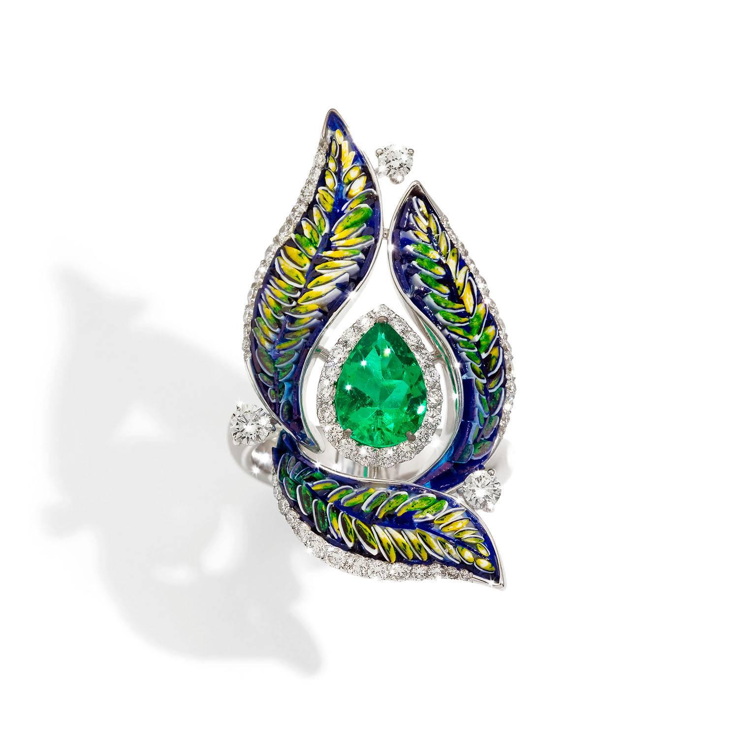 Fern.

Hundreds of Micro Mosaic tesserae, set by hands of unrivaled talent, form soft and flowing leaves that are accompanied by extraordinary emeralds that enhance their royal beauty, along with diamonds placed as dewy drops.

The Micro Mosaic of