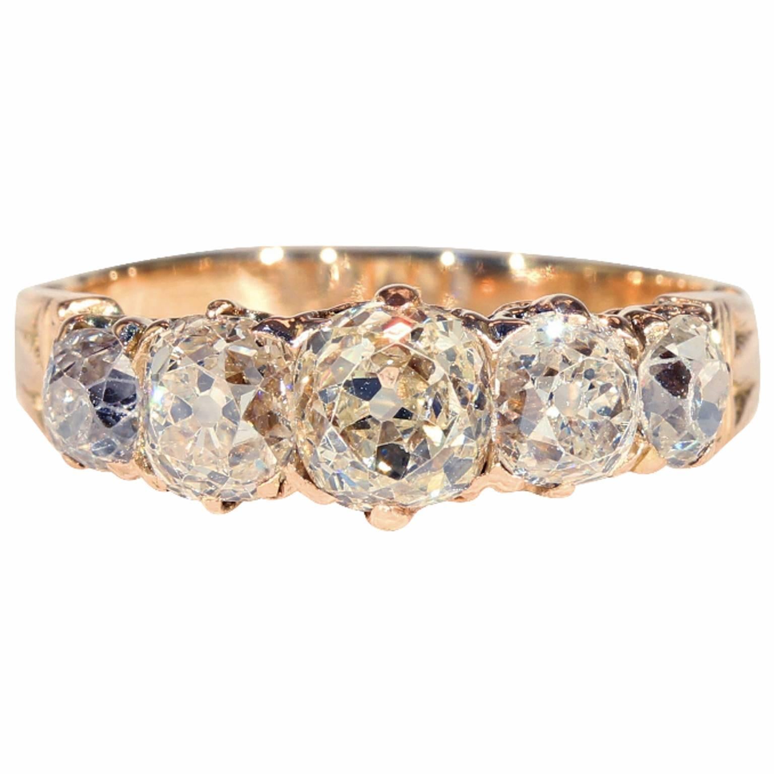 Victorian Five-Stone 2 Carat Diamonds Rose Gold Ring