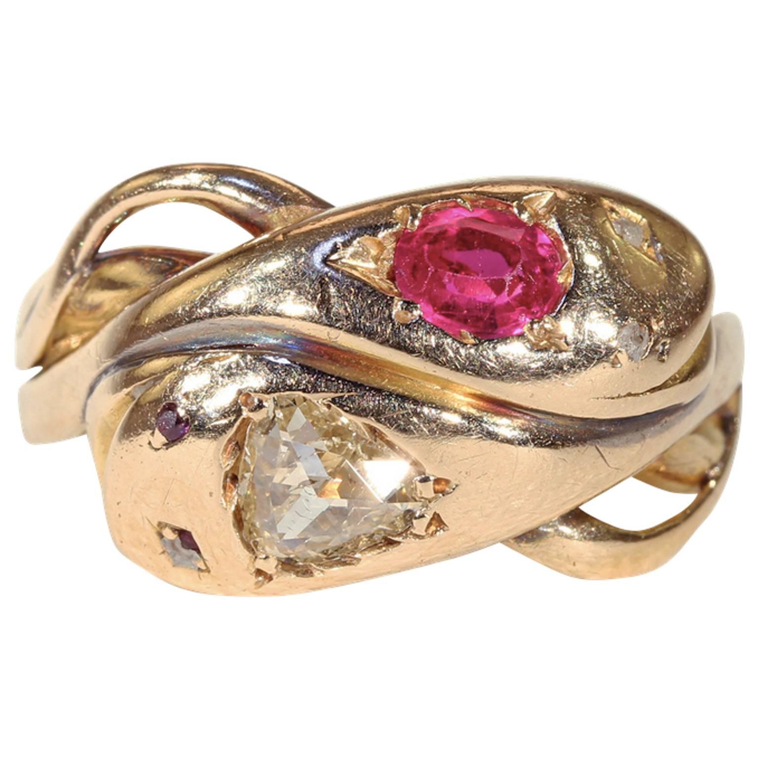 Victorian Ruby Diamond Gold Double Snake Ring   For Sale
