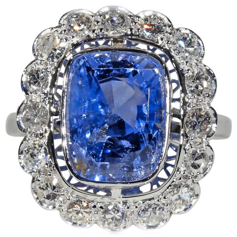 Belle Époque Untreated 7.37 Carat Ceylon Sapphire Diamond Cluster Ring ...