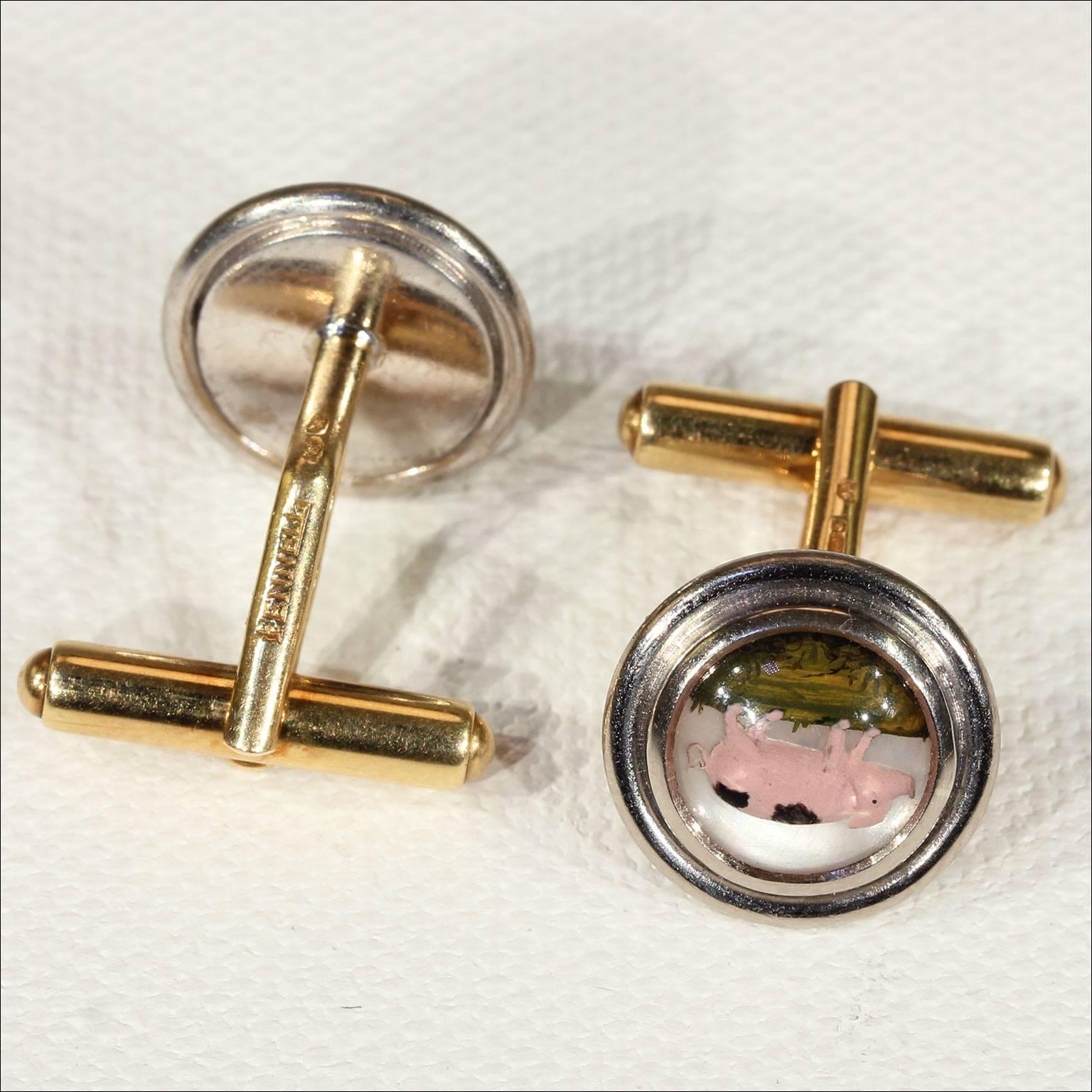 Modern Theo Fennell Essex Crystal Pigs Gold Cufflink and Stud Set  For Sale