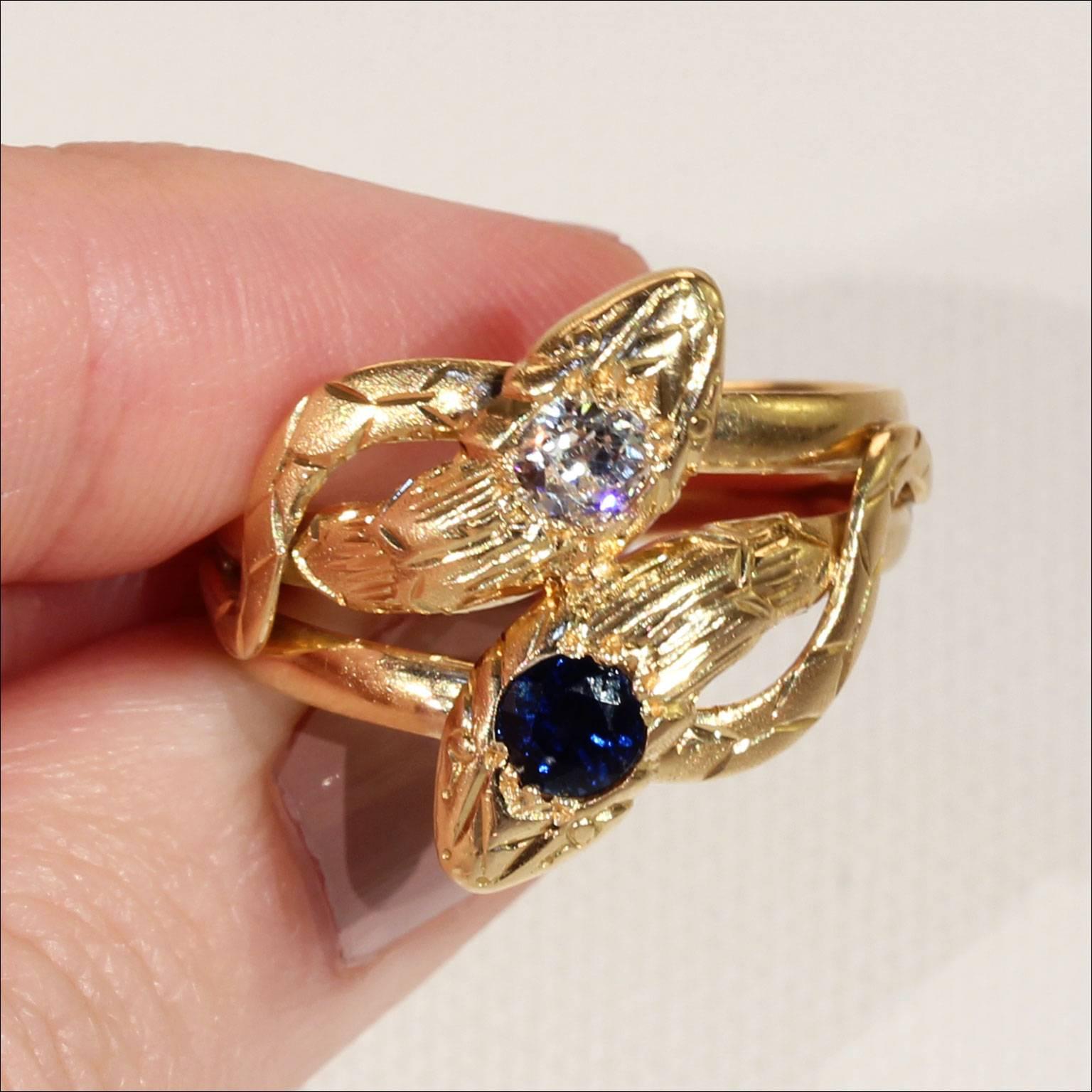 Victorian Antique French Sapphire Diamond Gold Snake Ring