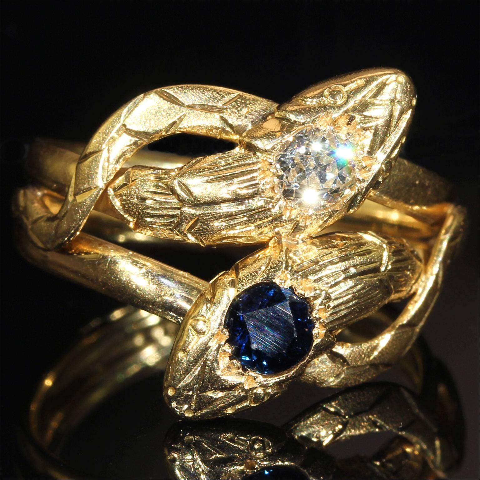 Antique French Sapphire Diamond Gold Snake Ring 1