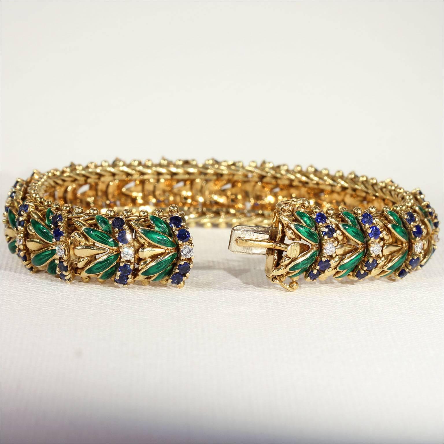 Modernist Enamel Sapphire Diamond Gold Bracelet