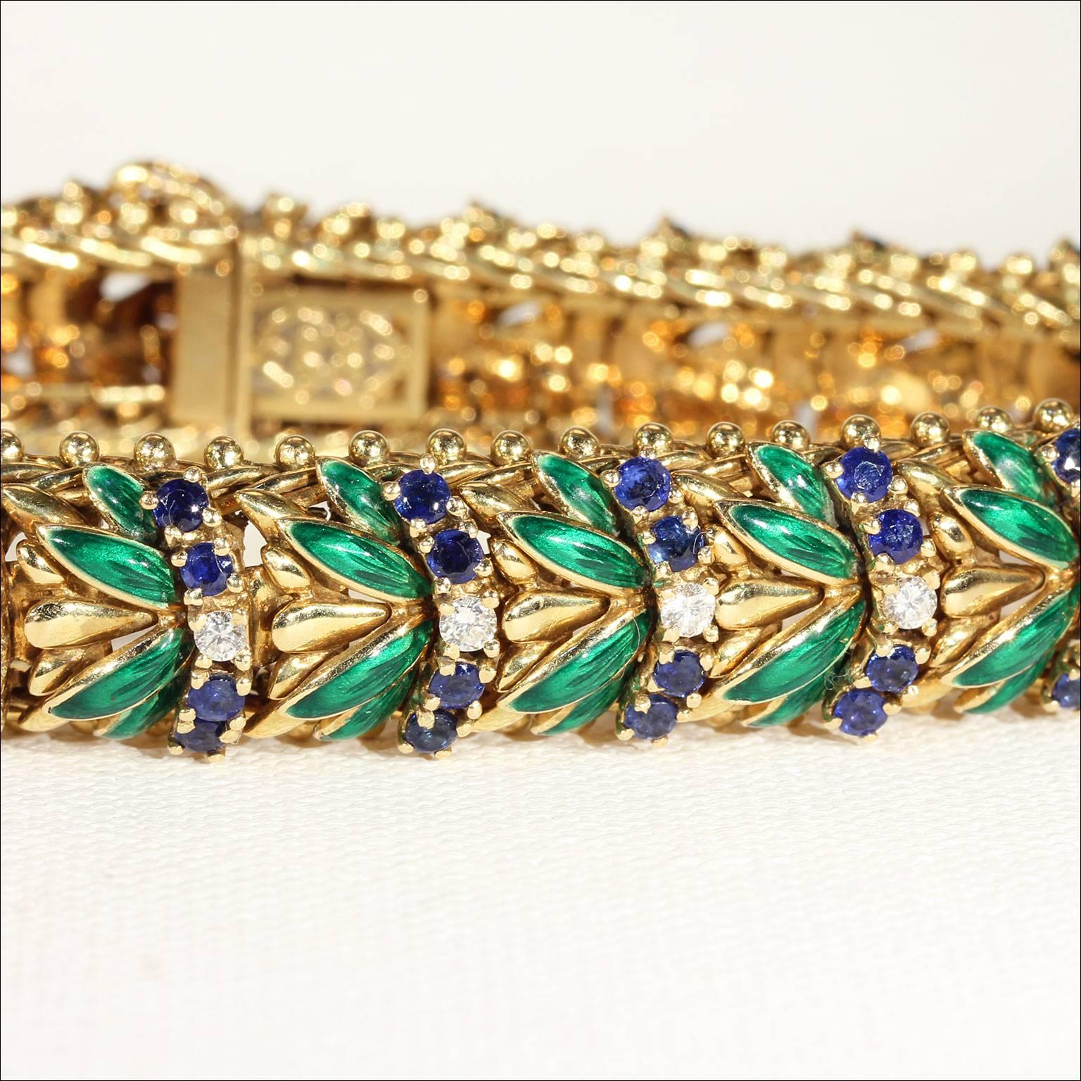 Enamel Sapphire Diamond Gold Bracelet In Excellent Condition In Middleton, WI
