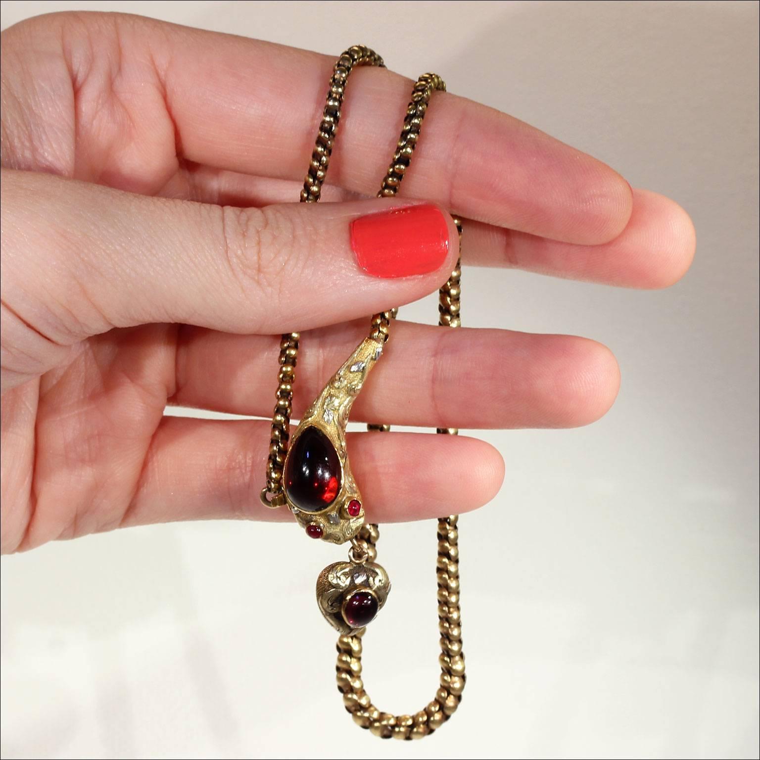 High Victorian Antique Victorian Garnet Gold Snake Necklace For Sale