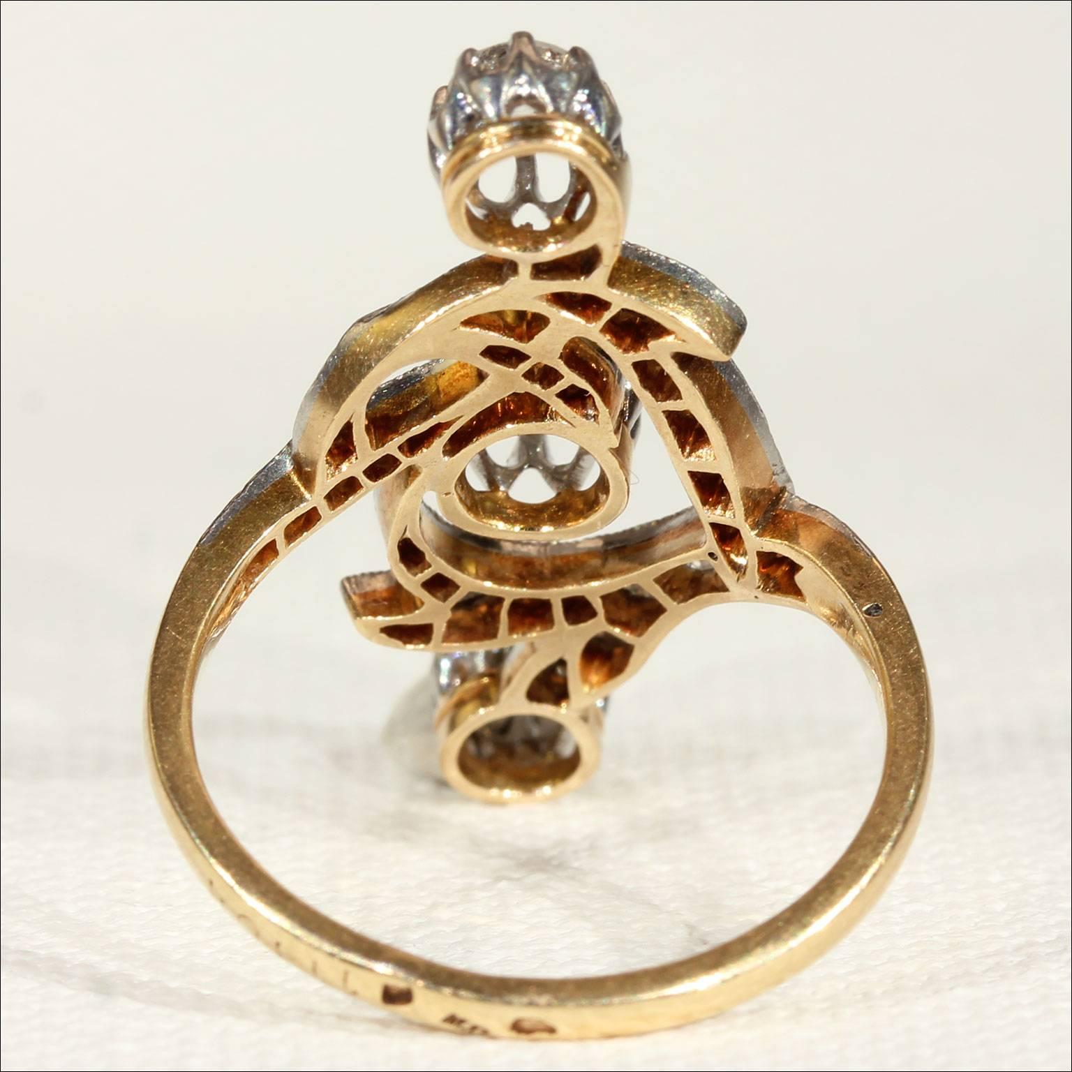 Rose Cut French Art Nouveau Diamond gold platinum Ring  For Sale