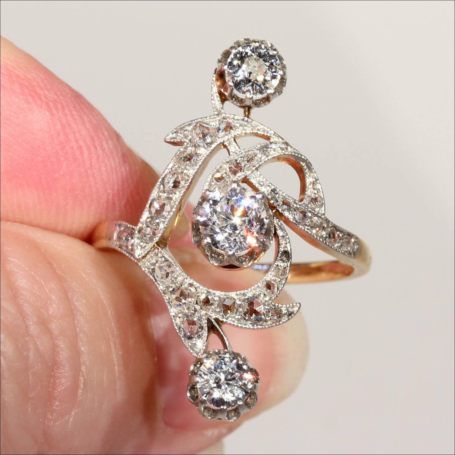Women's French Art Nouveau Diamond gold platinum Ring  For Sale