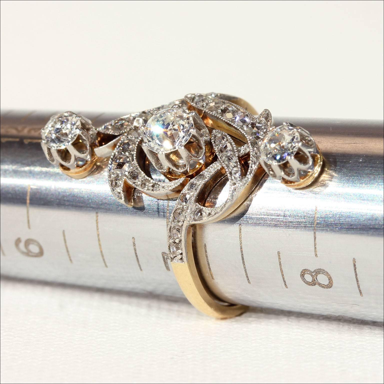 French Art Nouveau Diamond gold platinum Ring  For Sale 1