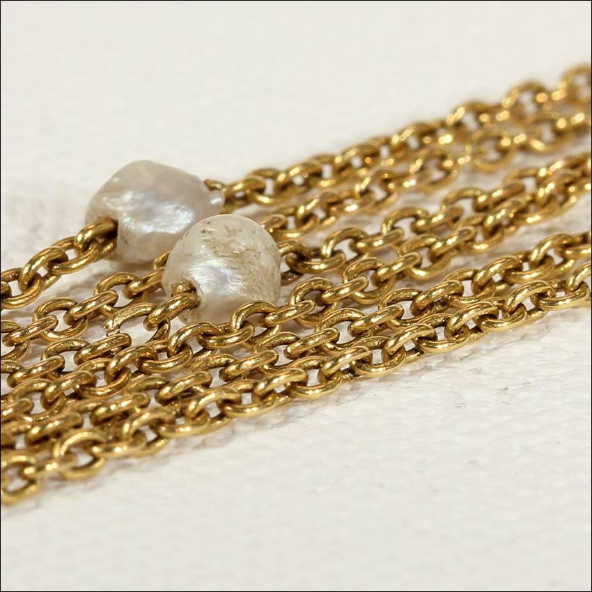 Late Victorian Victorian Pearl Triple Chain Gold Necklace  For Sale