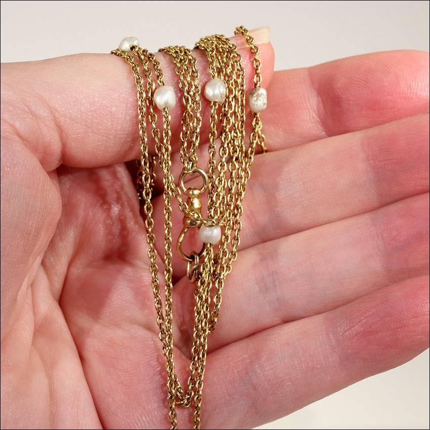 Victorian Pearl Triple Chain Gold Necklace  For Sale 1