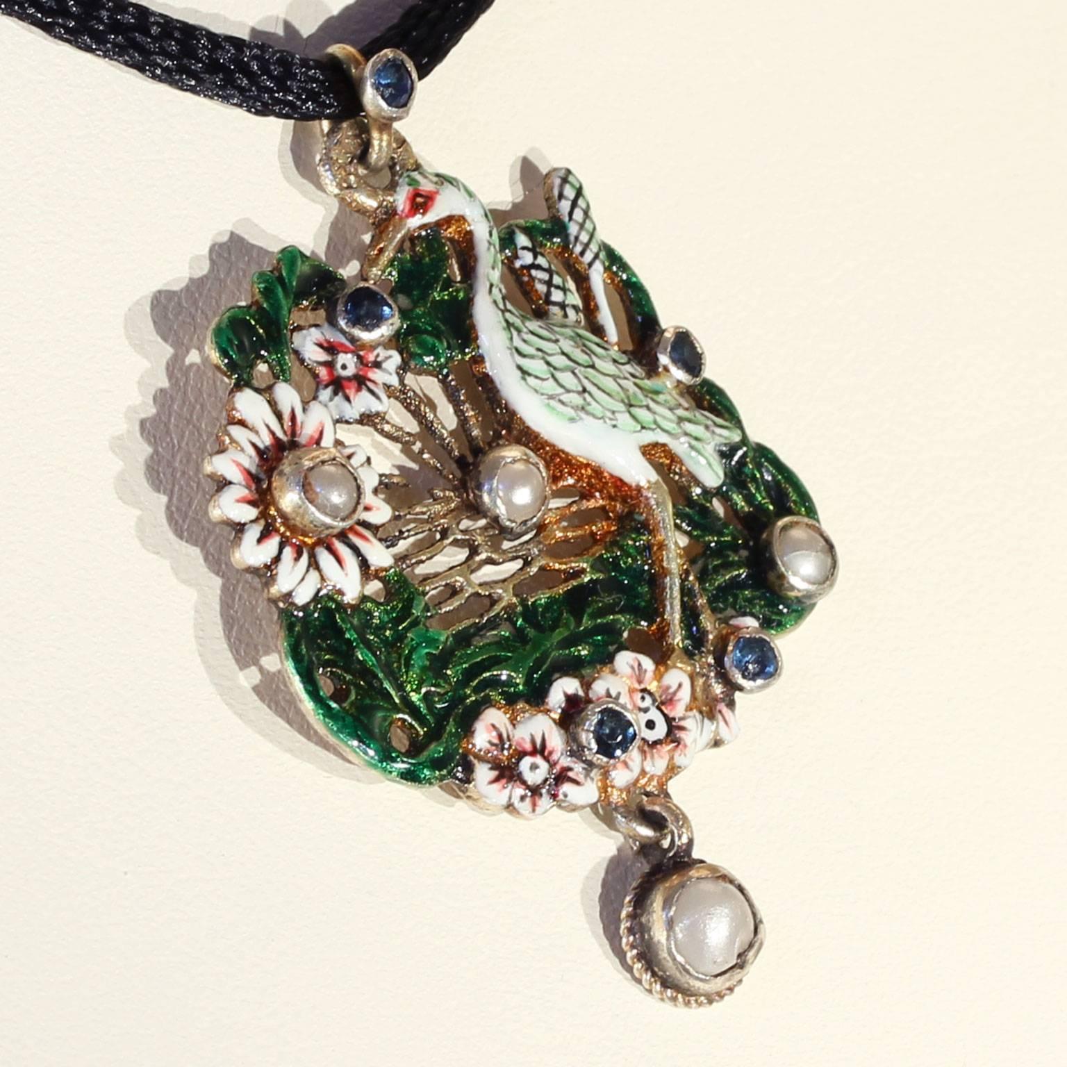 Arts and Crafts  Antique Austro-Hungarian Enamel Pearl Sapphire Stork Pendant