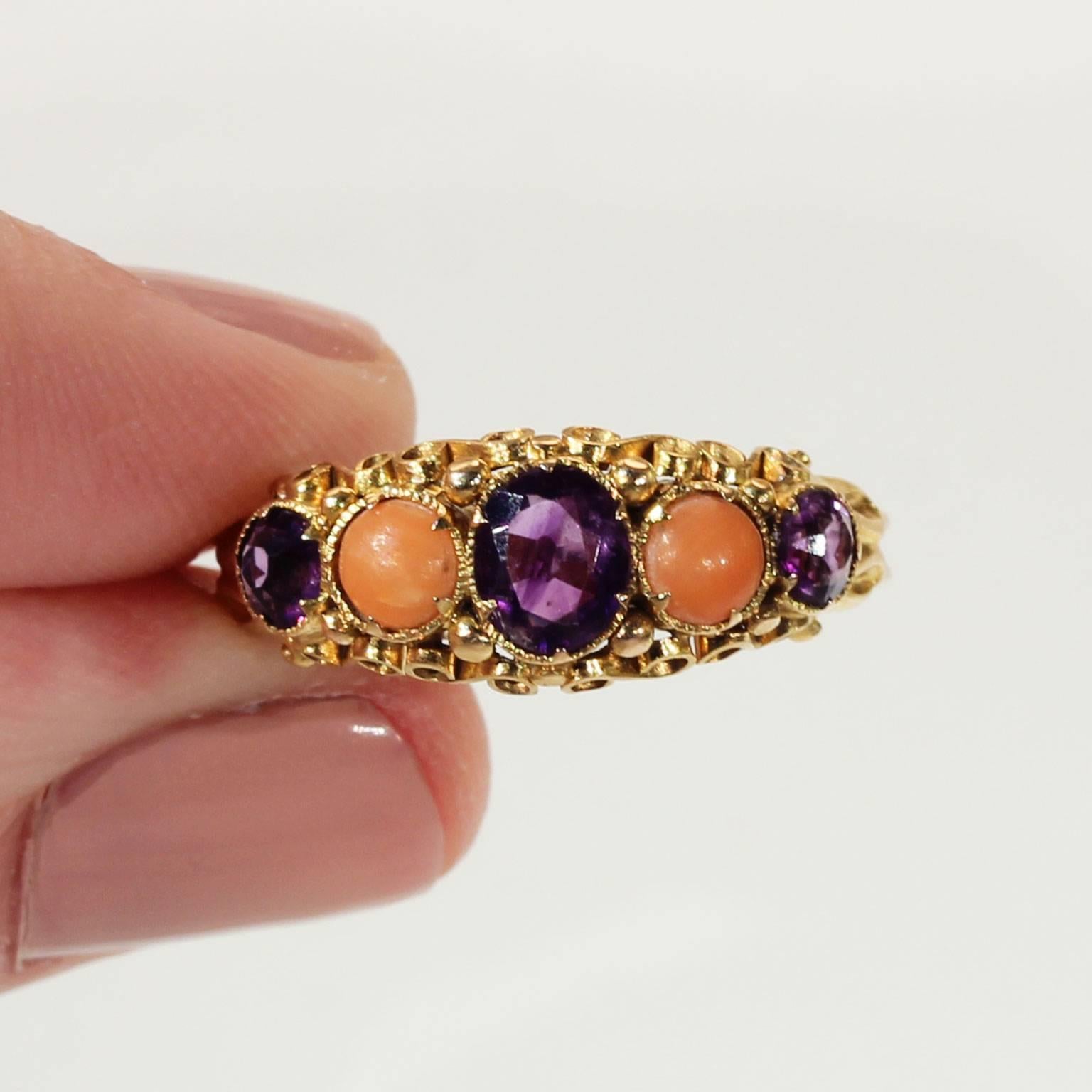 Antique Victorian Coral Amethyst Gold Ring  1